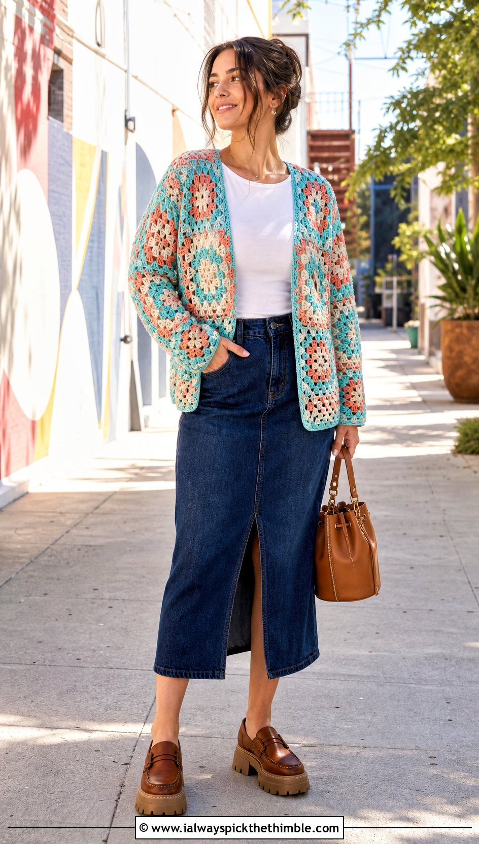 Granny Square Lace Cardigan With Denim Midi Skirt - 15 Lacey Crochet Cardigan outfit ideas