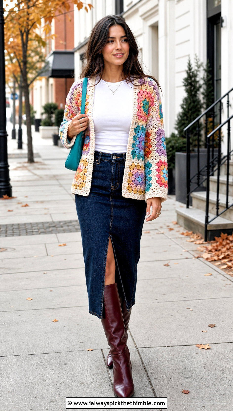 Granny Square Lace Cardigan With Denim Skirt - 20 crochet lacy cardigan outfit ideas