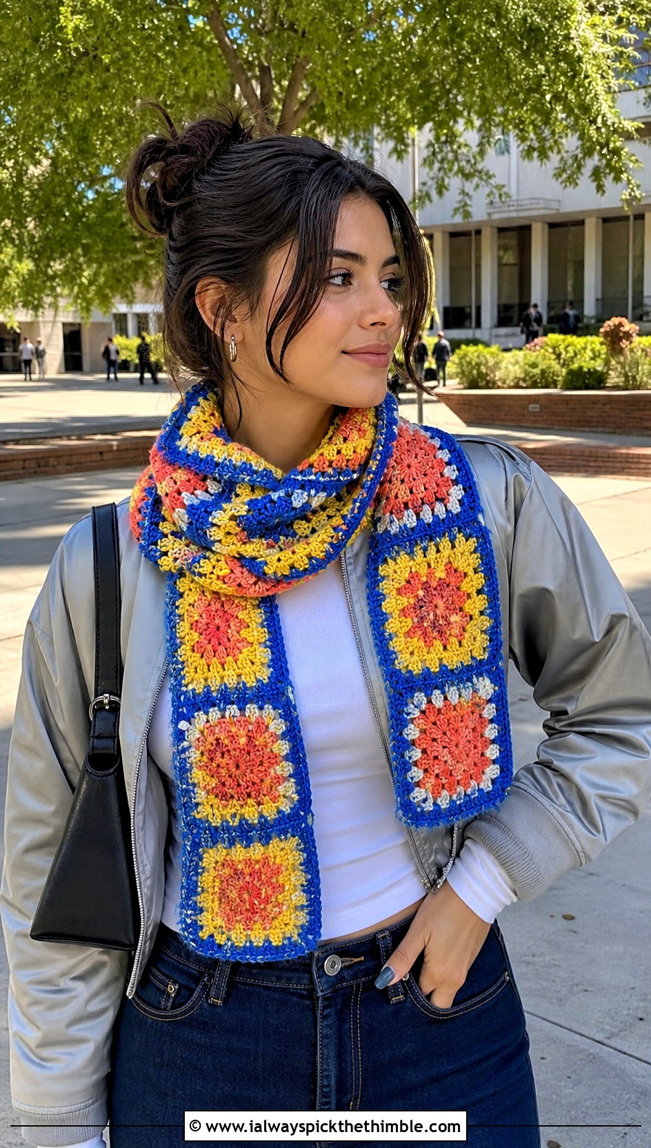 Granny Square Lace Crochet Scarf With Bomber Jacket - 15 Easy Lace Crochet Scarf outfit ideas