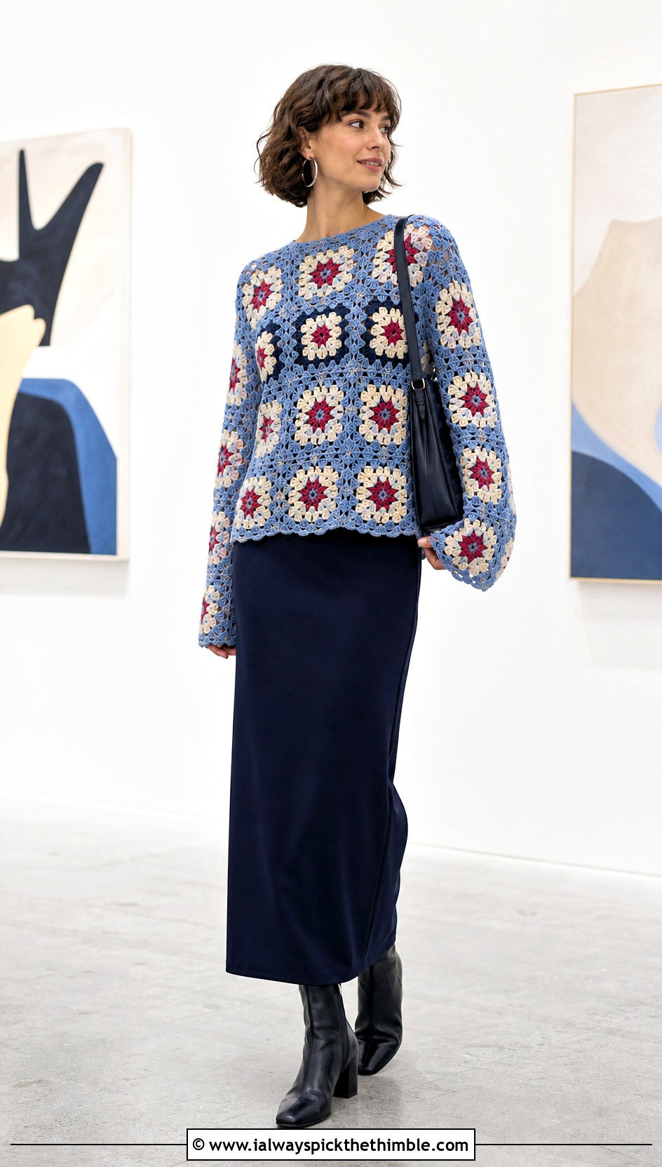 Granny Square Lace Crochet Sweater With Column Skirt - 20 lace crochet sweater outfit ideas
