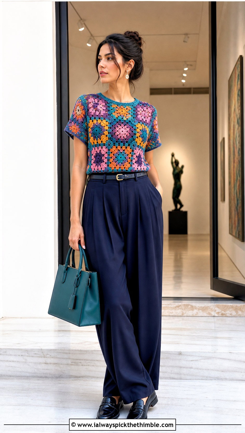 Granny Square Lace Crochet Tee With Pleated Trousers - 15 summer lace crochet tee outfit ideas