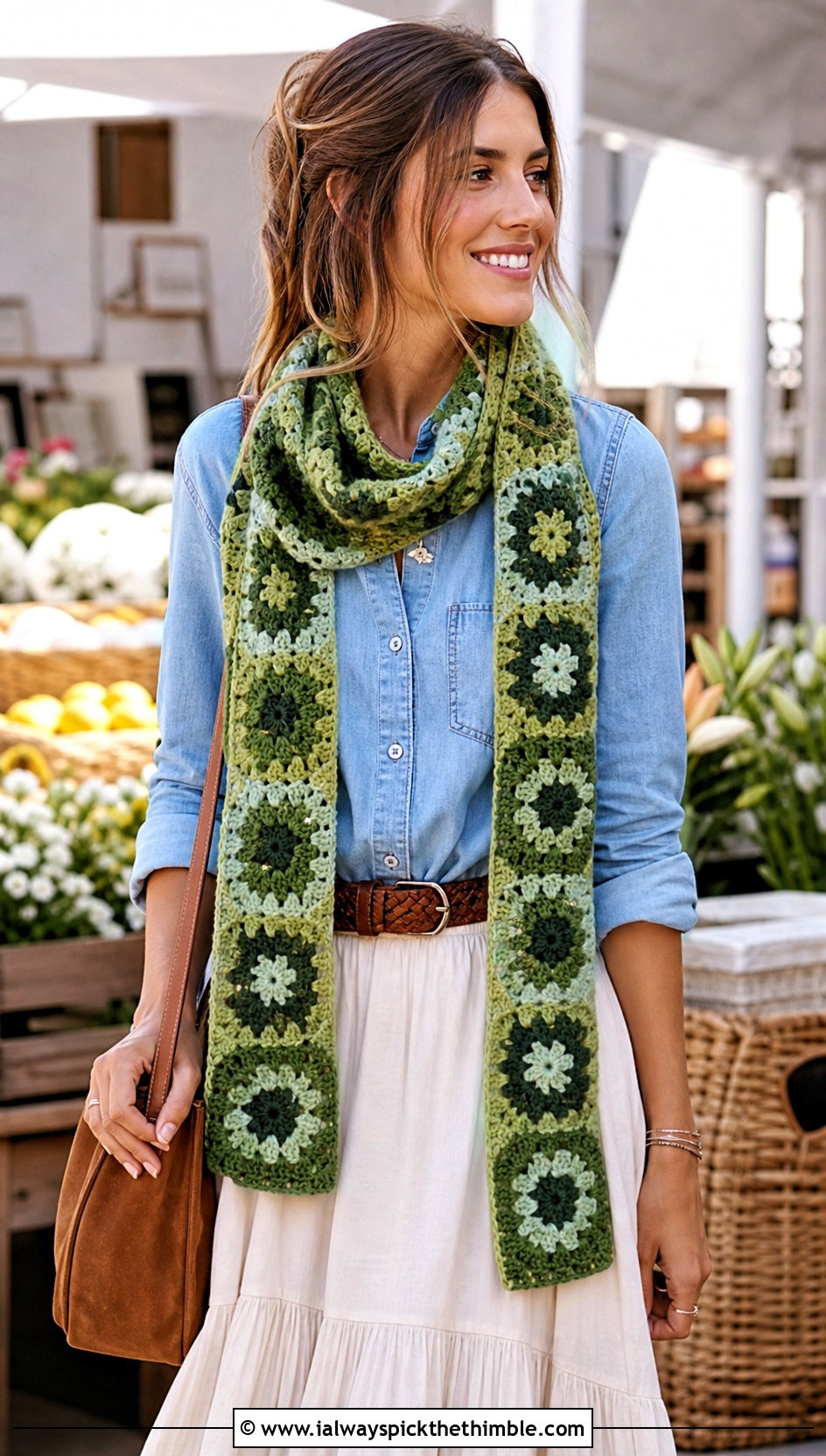 Granny Square Lace Green Crochet Scarf With Denim Shirt And Maxi Skirt - 15 Lacy Green Crochet Scarf outfit ideas