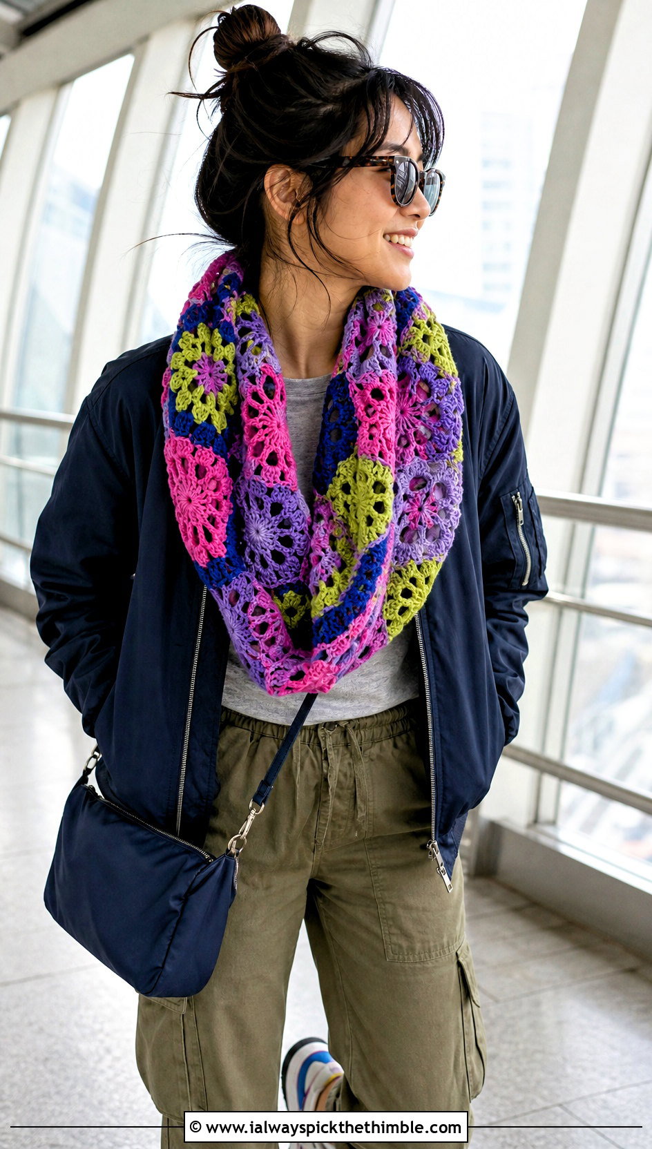 Granny Square Lace Infinity Scarf With Bomber Jacket - 20 Lacy Crochet Infinity Scarf outfit ideas