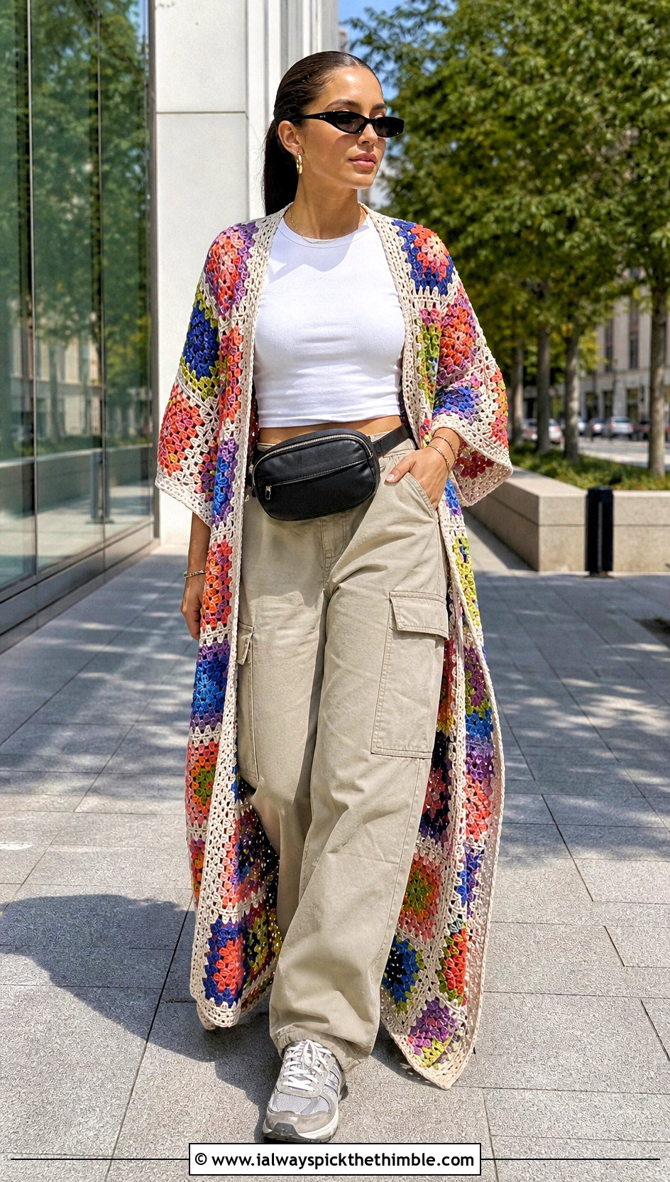 Granny Square Lace Kimono With Cargo Pants - 20 crochet lace kimono outfit ideas