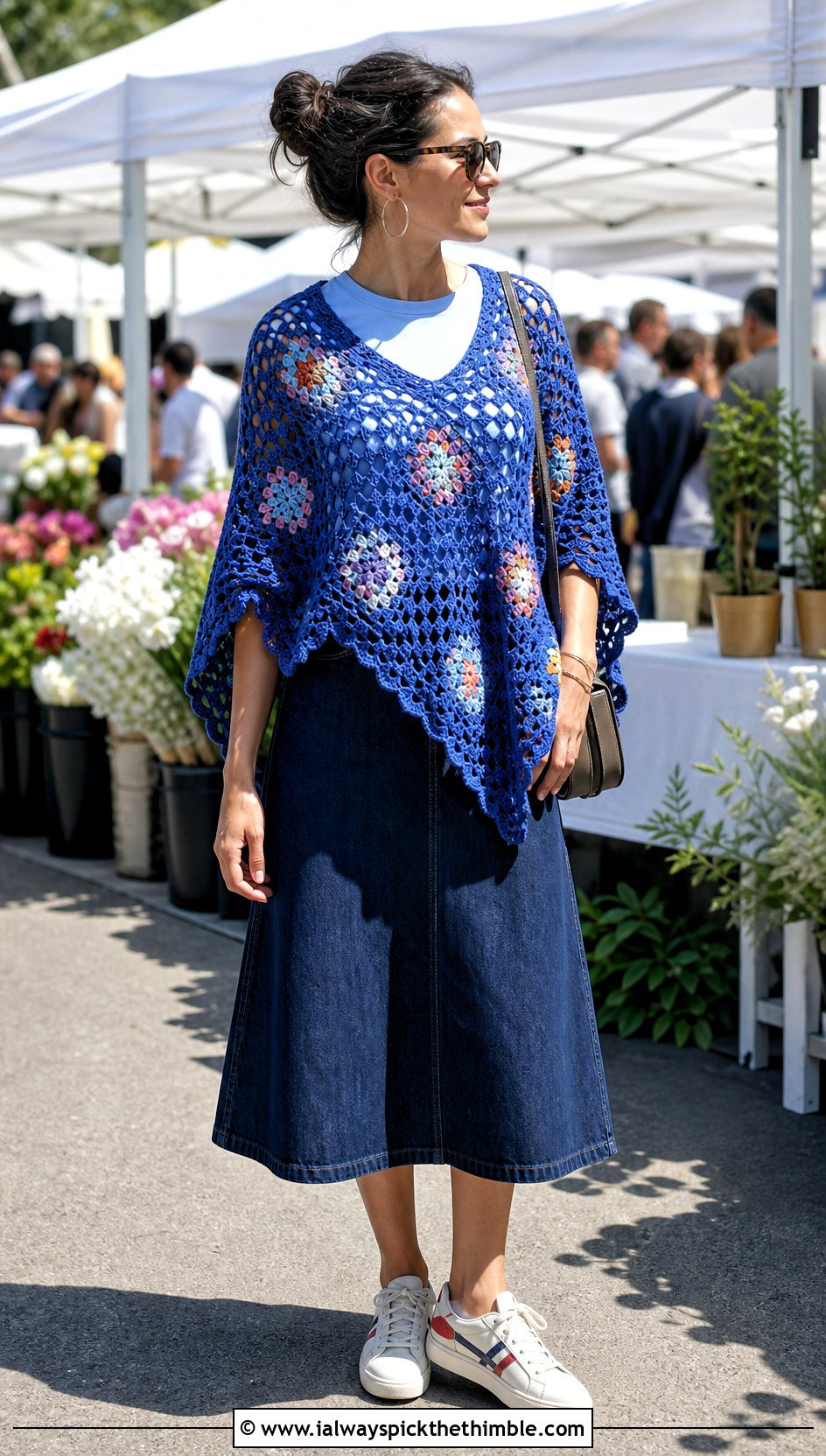 Granny Square Lace Poncho With Denim Midi Skirt - 15 Crochet Lace Poncho On Hanger outfit ideas