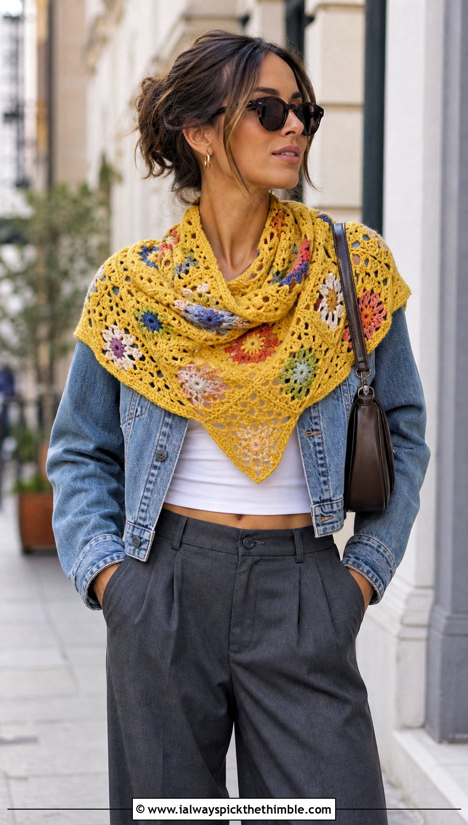 Granny Square Lace Shawl With Denim Jacket And Trousers - 25 lacy crochet shawl outfit ideas