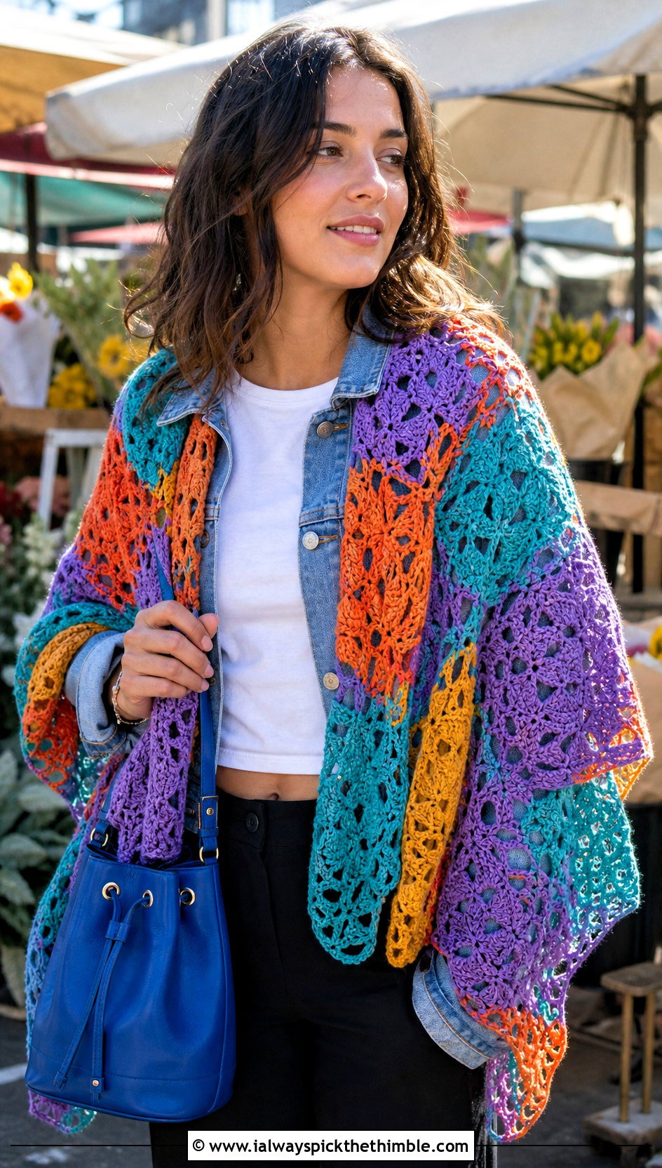 Granny Square Lace Shawl With Denim Jacket - 20 easy crochet lace shawl outfit ideas
