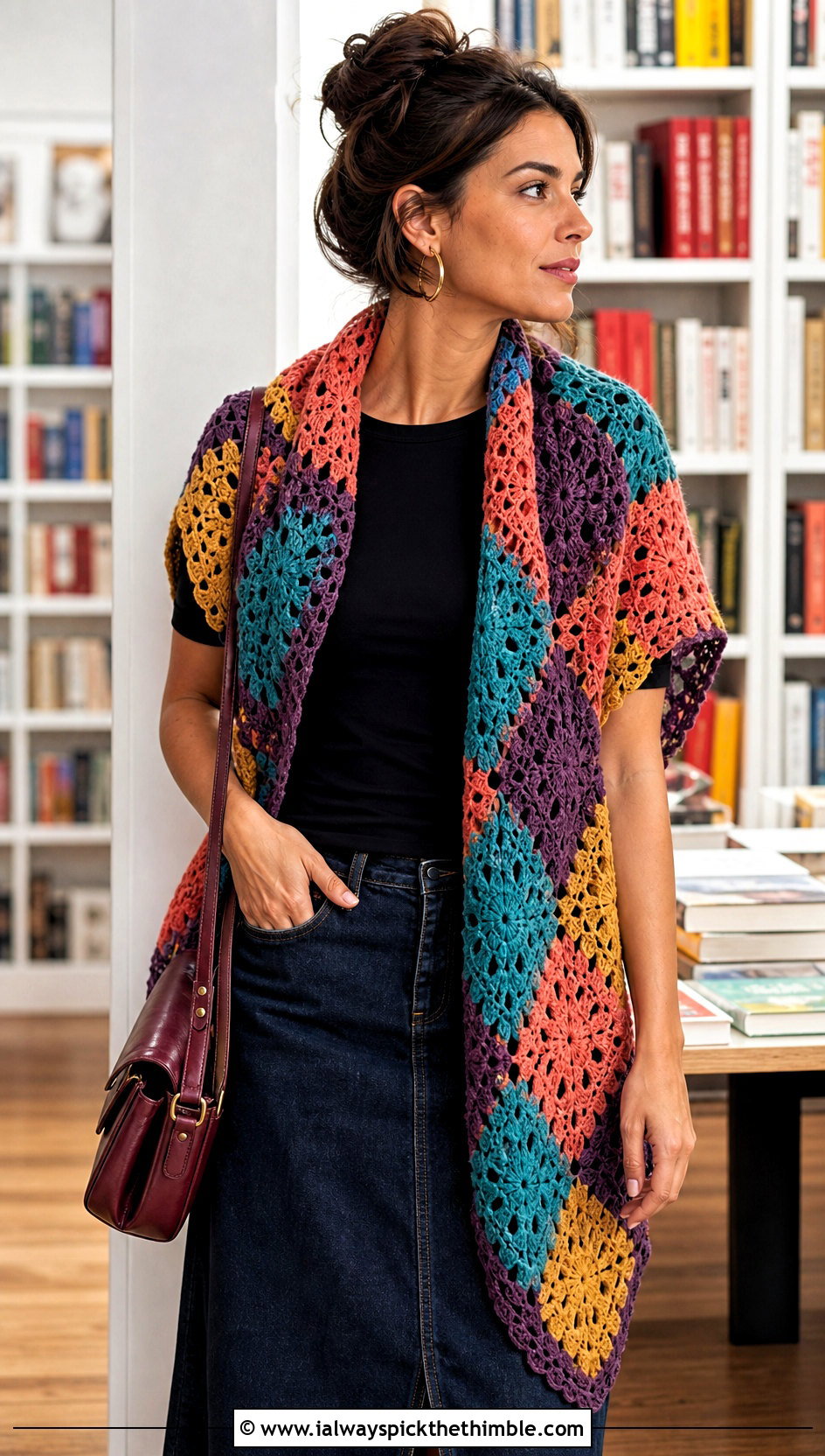 Granny Square Lace Shawl With Denim Skirt - 15 Easy Lacy Crochet Shawl outfit ideas