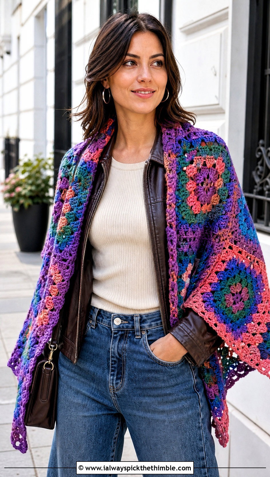 Granny Square Lace Shawl With Leather Jacket And Jeans - 20 Lacey Crochet Shawls outfit ideas