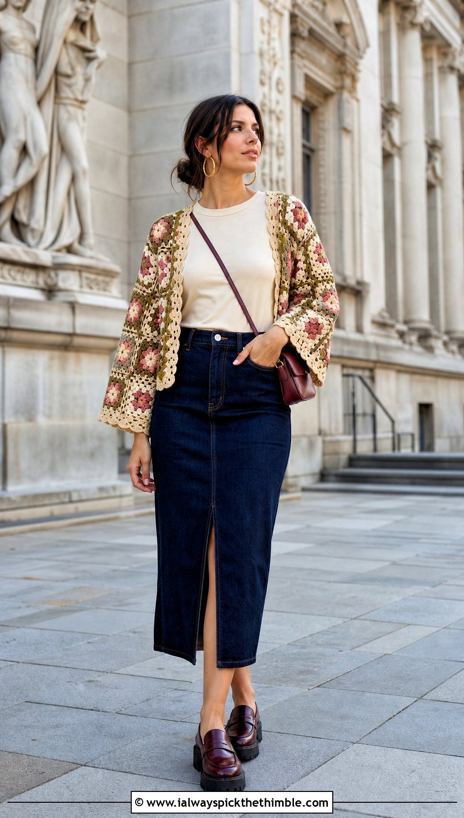 Granny Square Lace Shrug With Denim Midi Skirt - 25 crochet lace shrug outfit ideas