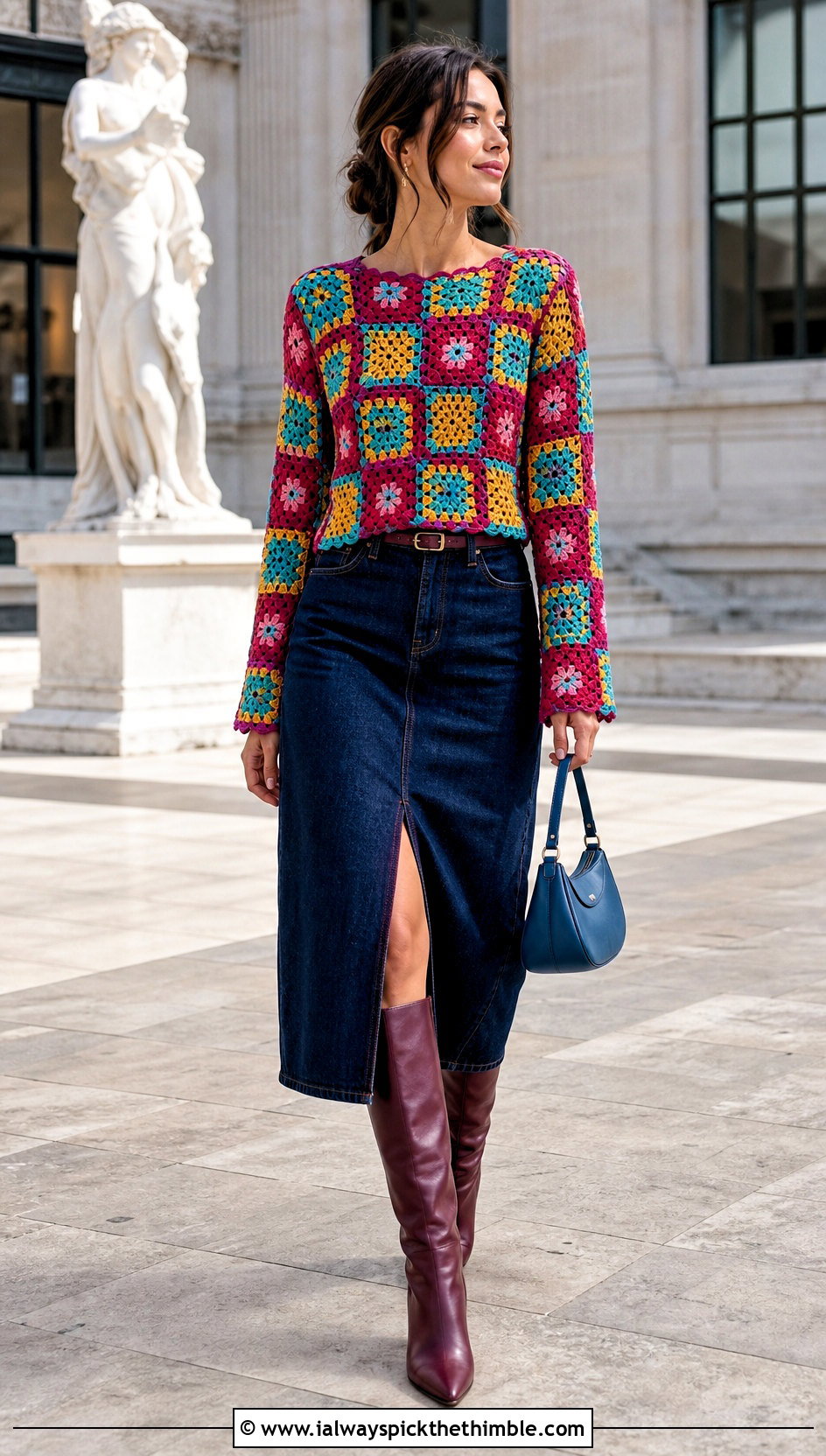 Granny Square Lace Top With Denim Midi Skirt - 25 crochet lace top outfit ideas