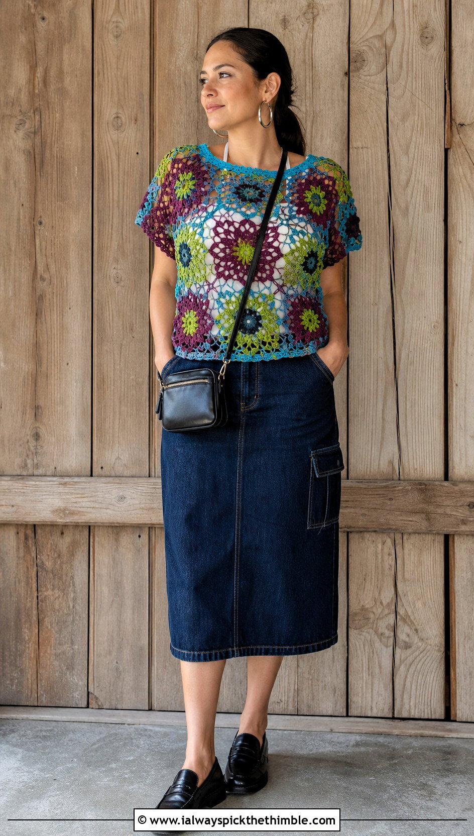 Granny Square Lace Top With Utility Denim Skirt - 15 crochet lace top on wooden background outfit ideas