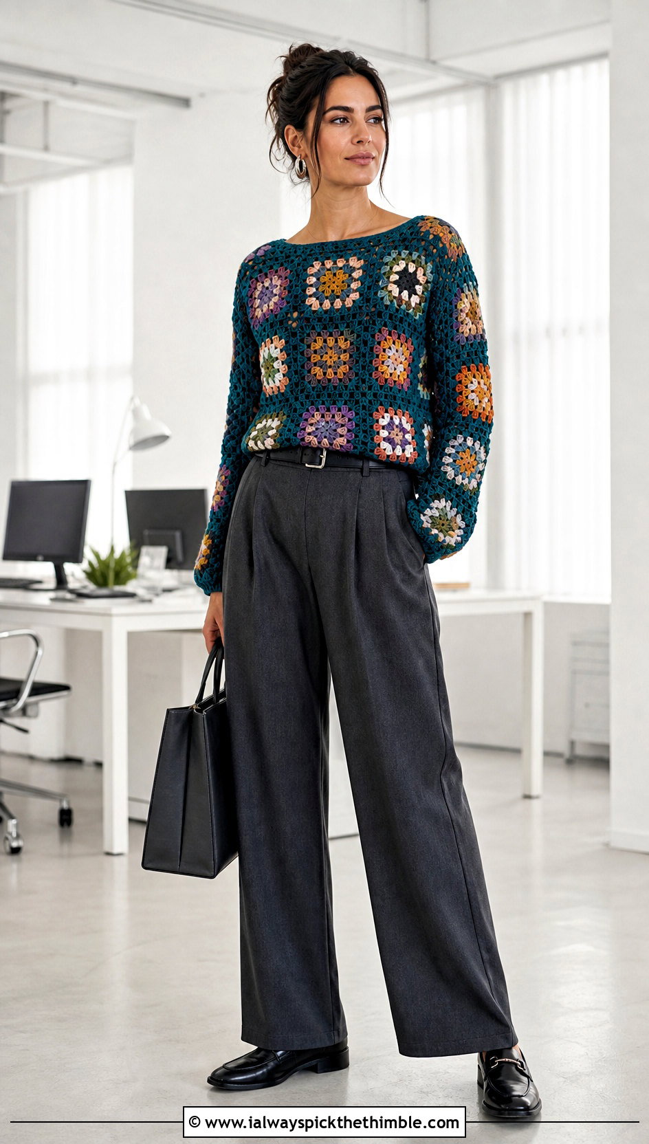 Granny Square Lacy Crochet Sweater With Tailored Trousers - 20 Lacy Crochet Sweater outfit ideas
