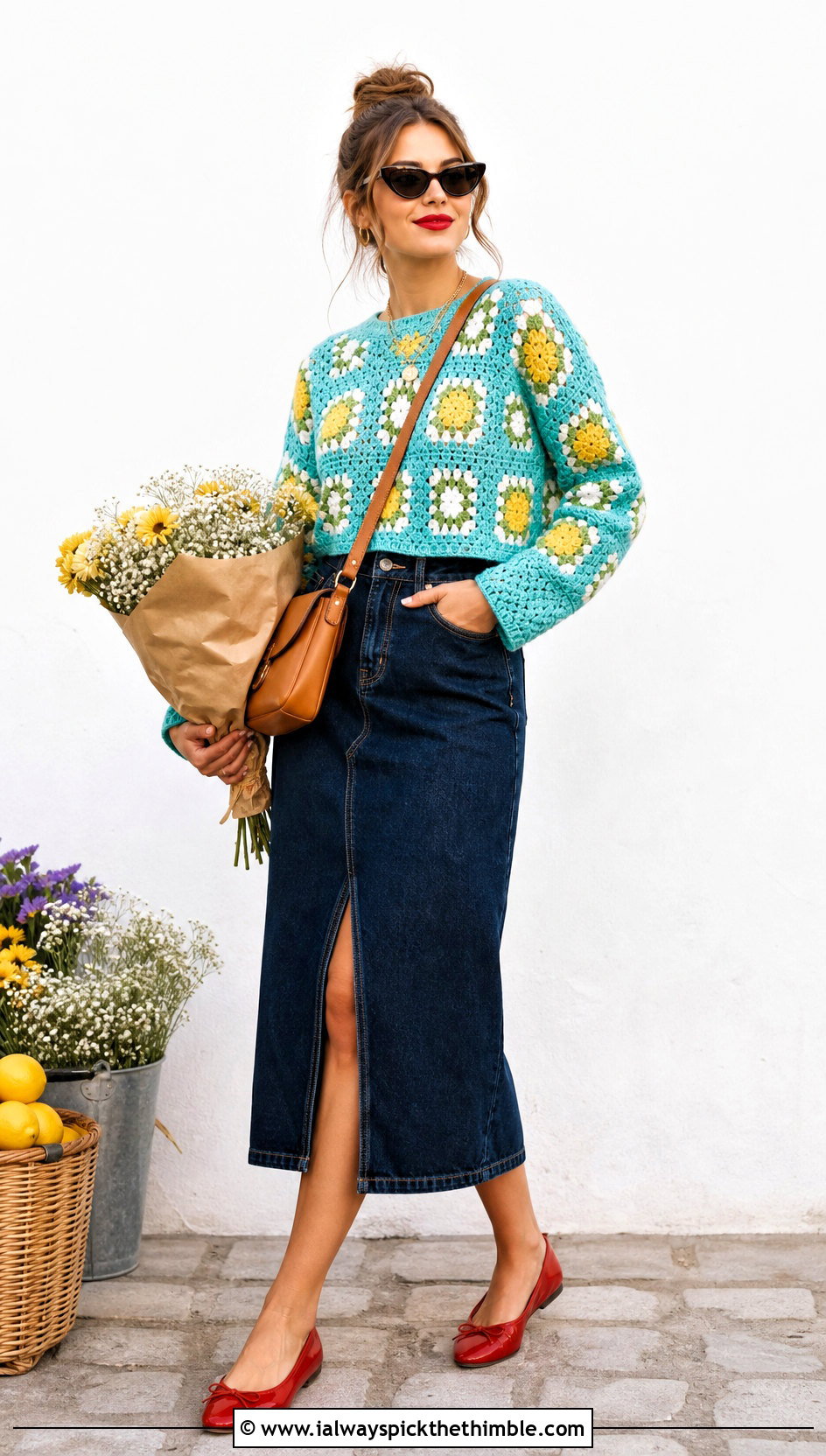 Granny Square Lemon Sweater With Denim Midi Skirt - 20 Crochet Lemon Sweater outfit ideas
