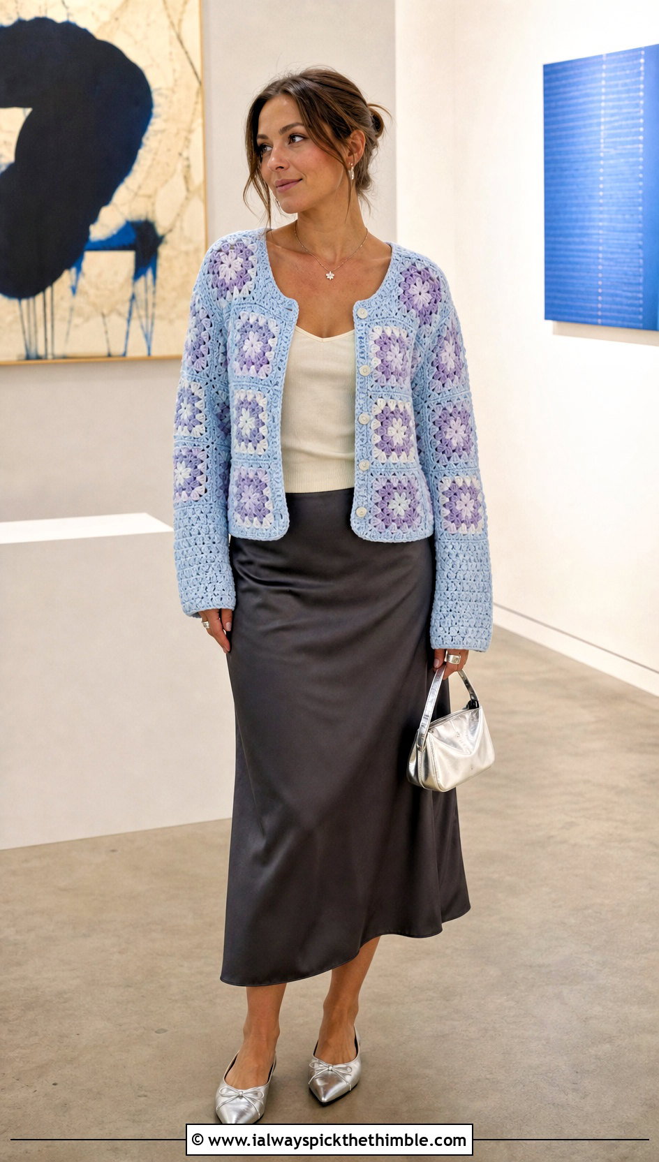 Granny Square Light Blue Crochet Cardigan With Satin Midi Skirt - 20 light blue crochet cardigan outfit ideas