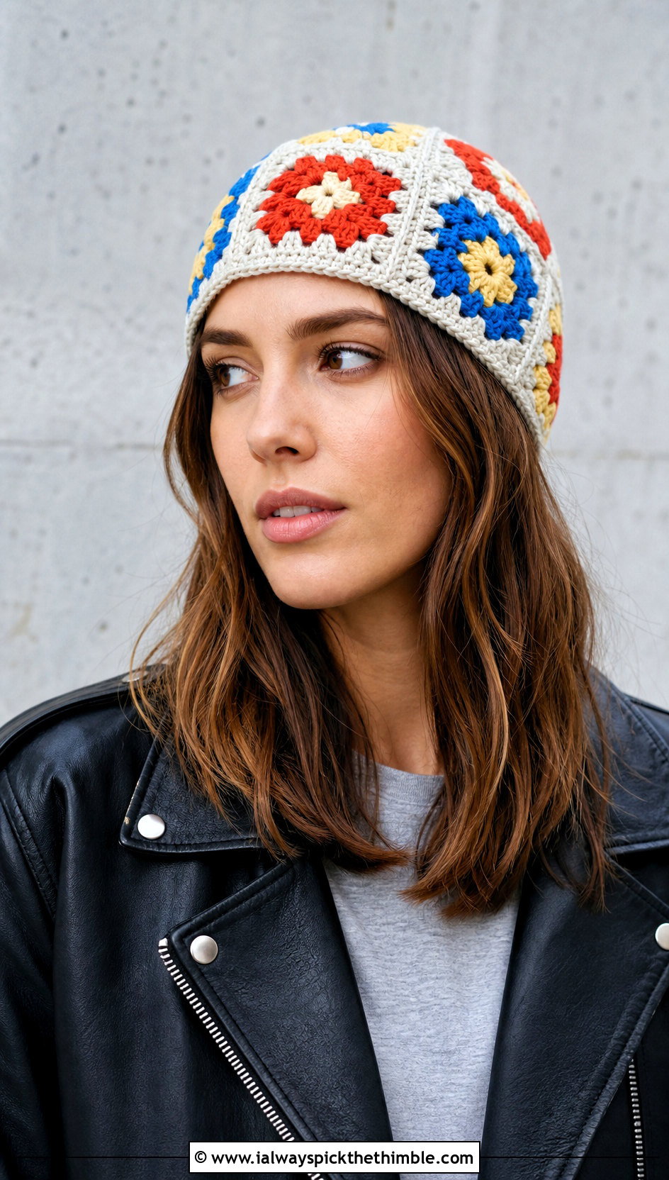 Granny Square Lightweight Crochet Beanie With Leather Jacket - 15 Lightweight Crochet Beanie outfit ideas