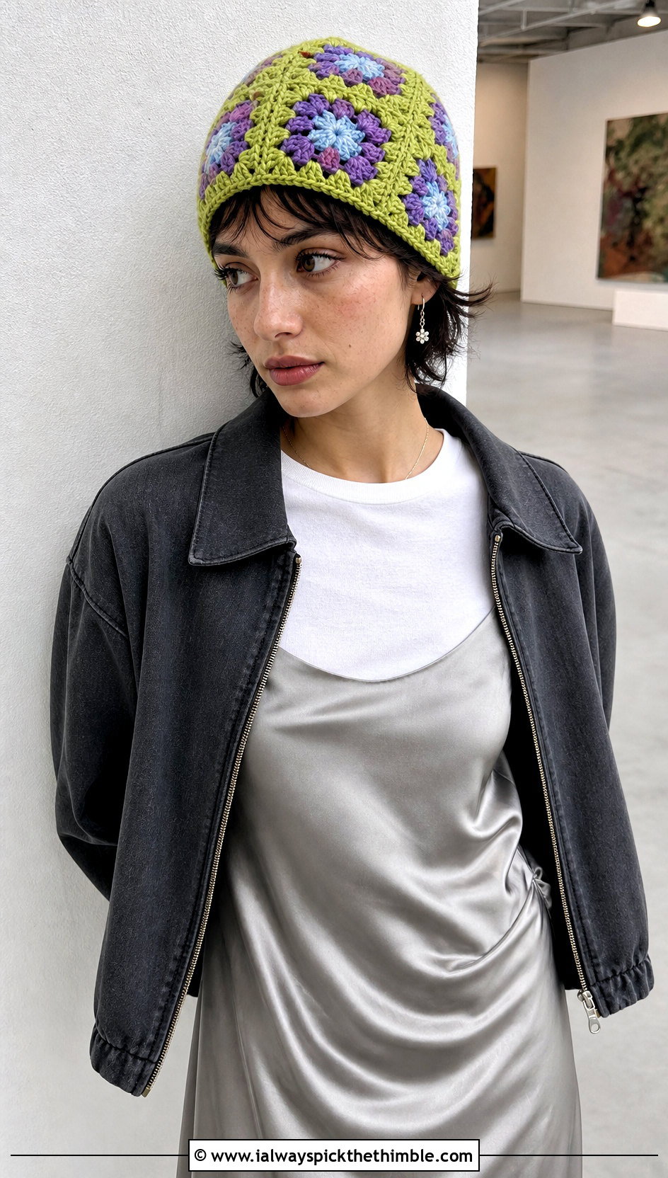 Granny Square Lightweight Crochet Beanie With Satin Slip Dress - 15 Crochet Lightweight Beanie outfit ideas