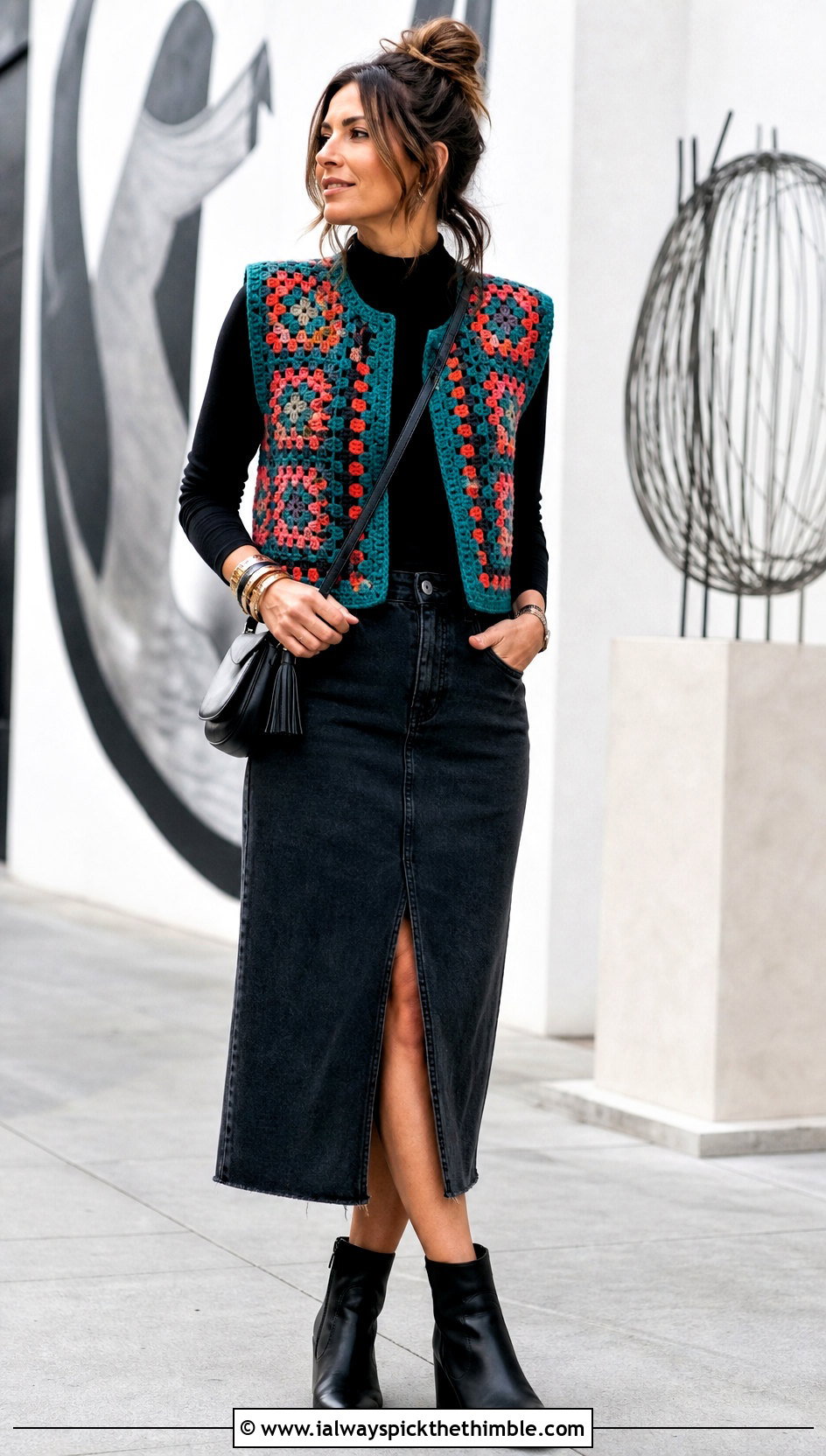 Granny Square Livingstone Crochet Vest With Denim Midi Skirt - 15 livingstone crochet vest outfit ideas
