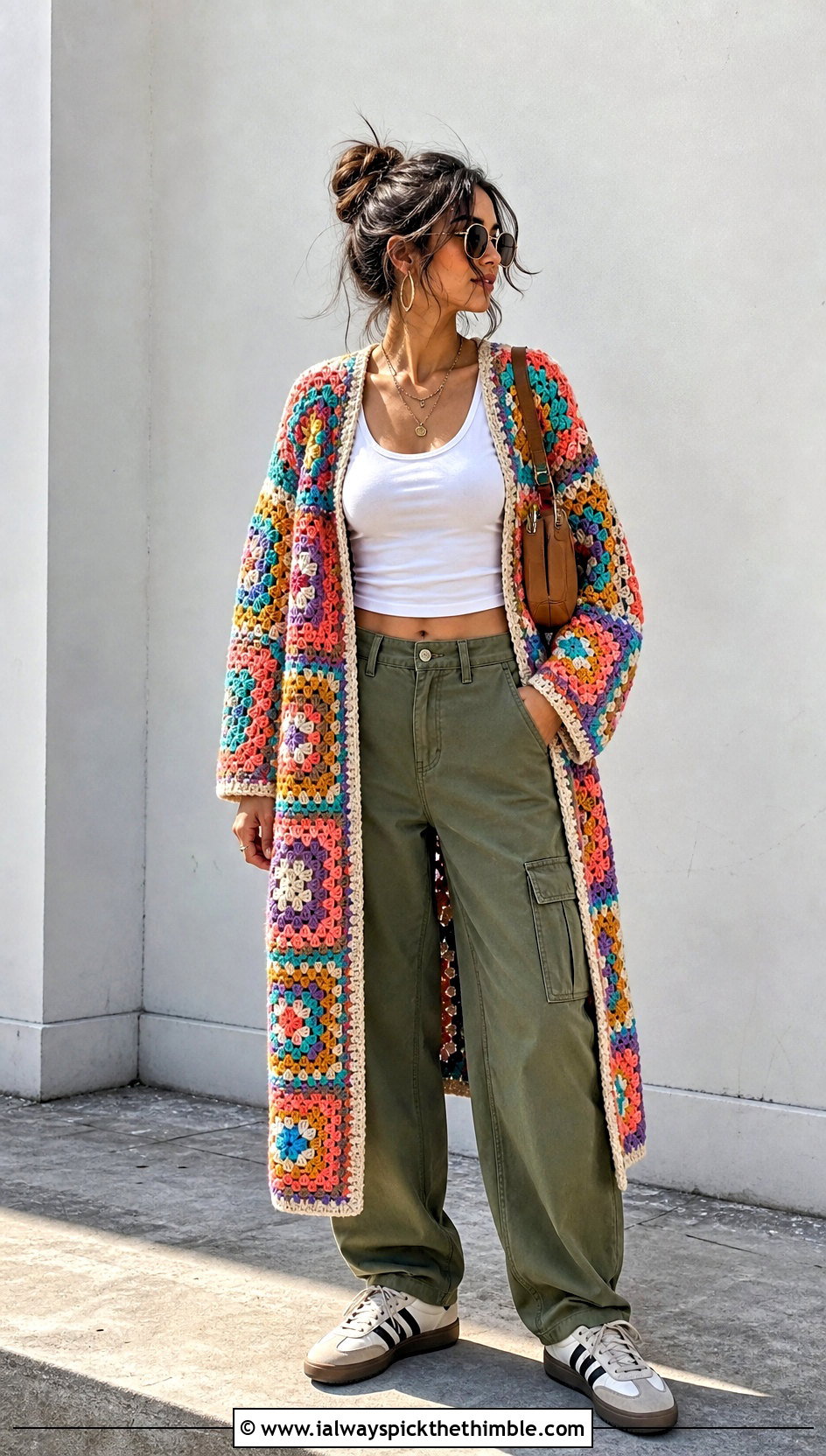 Granny Square Long Cardigan With Cargo Pants - 25 crochet long sweater outfit ideas