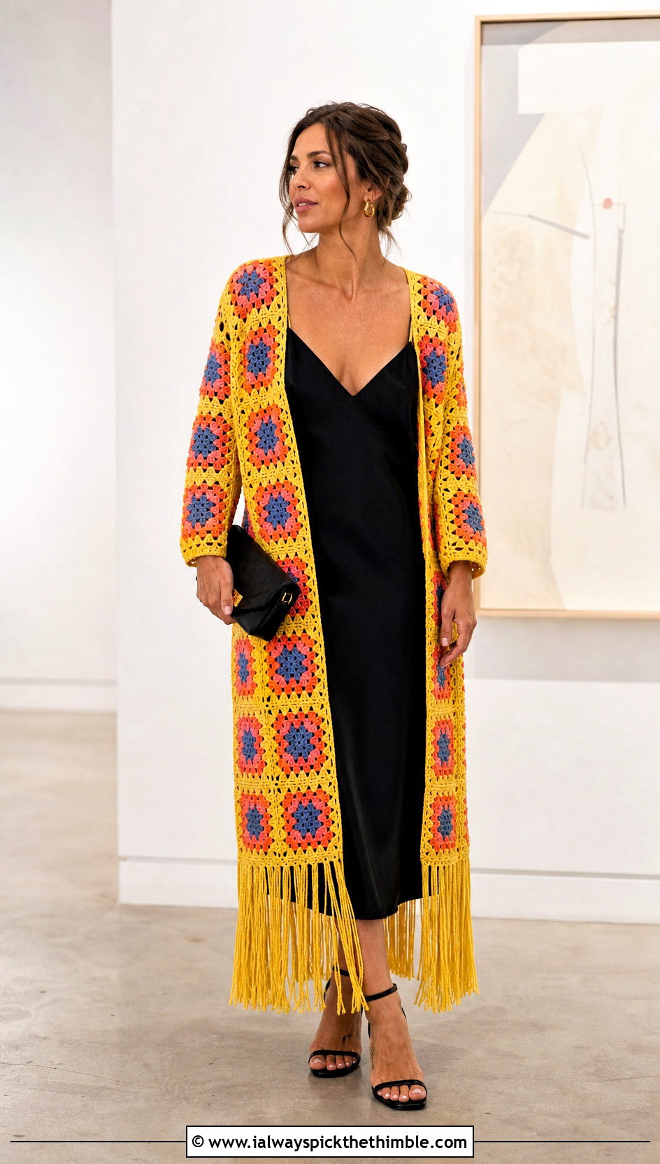 Granny Square Long Crochet Cardigan With Fringe And Black Slip Dress - 15 long crochet cardigan with fringe outfit ideas