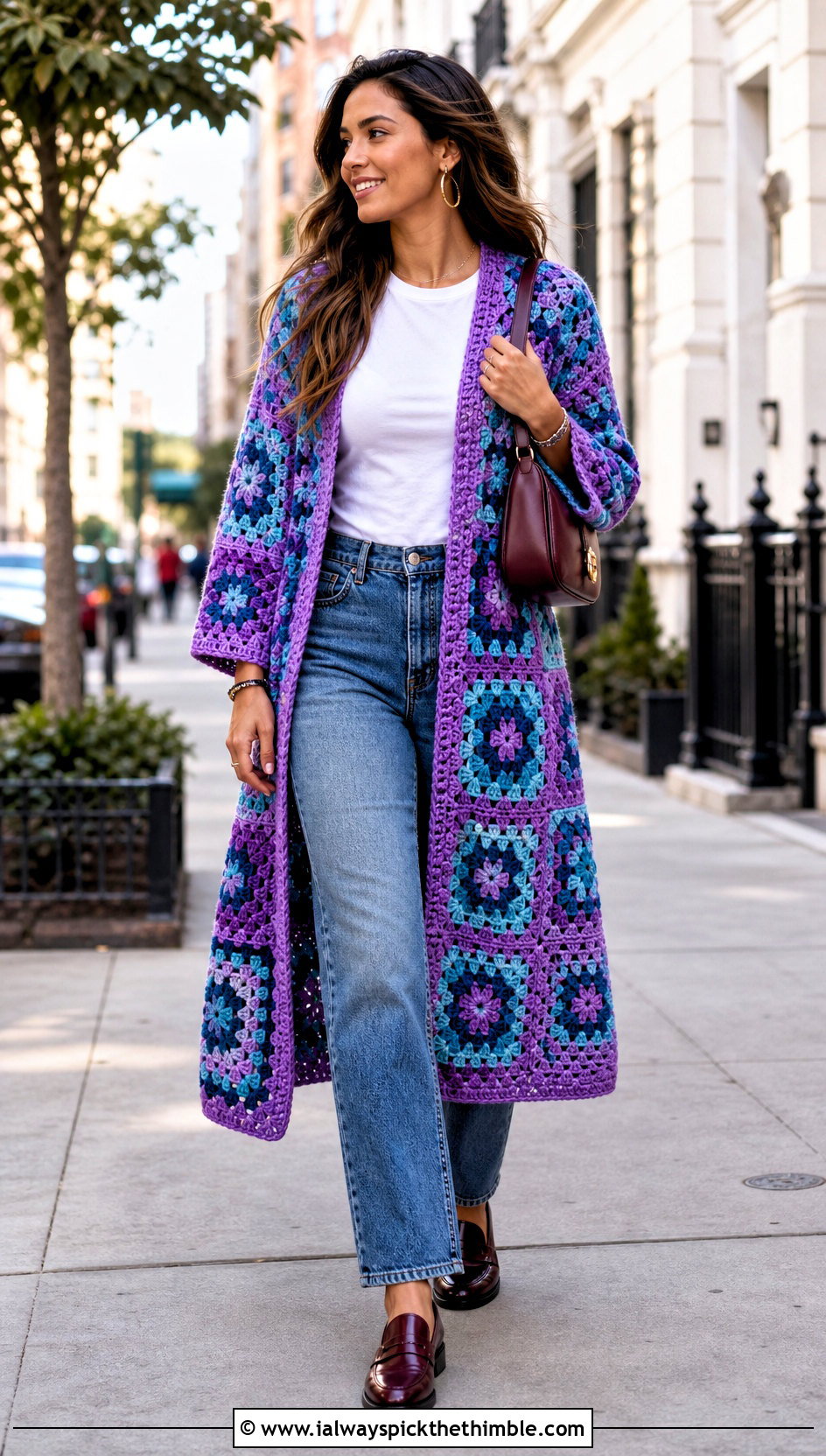 Granny Square Long Crochet Cardigan With Straight Leg Jeans - 20 long crochet cardigan outfit ideas