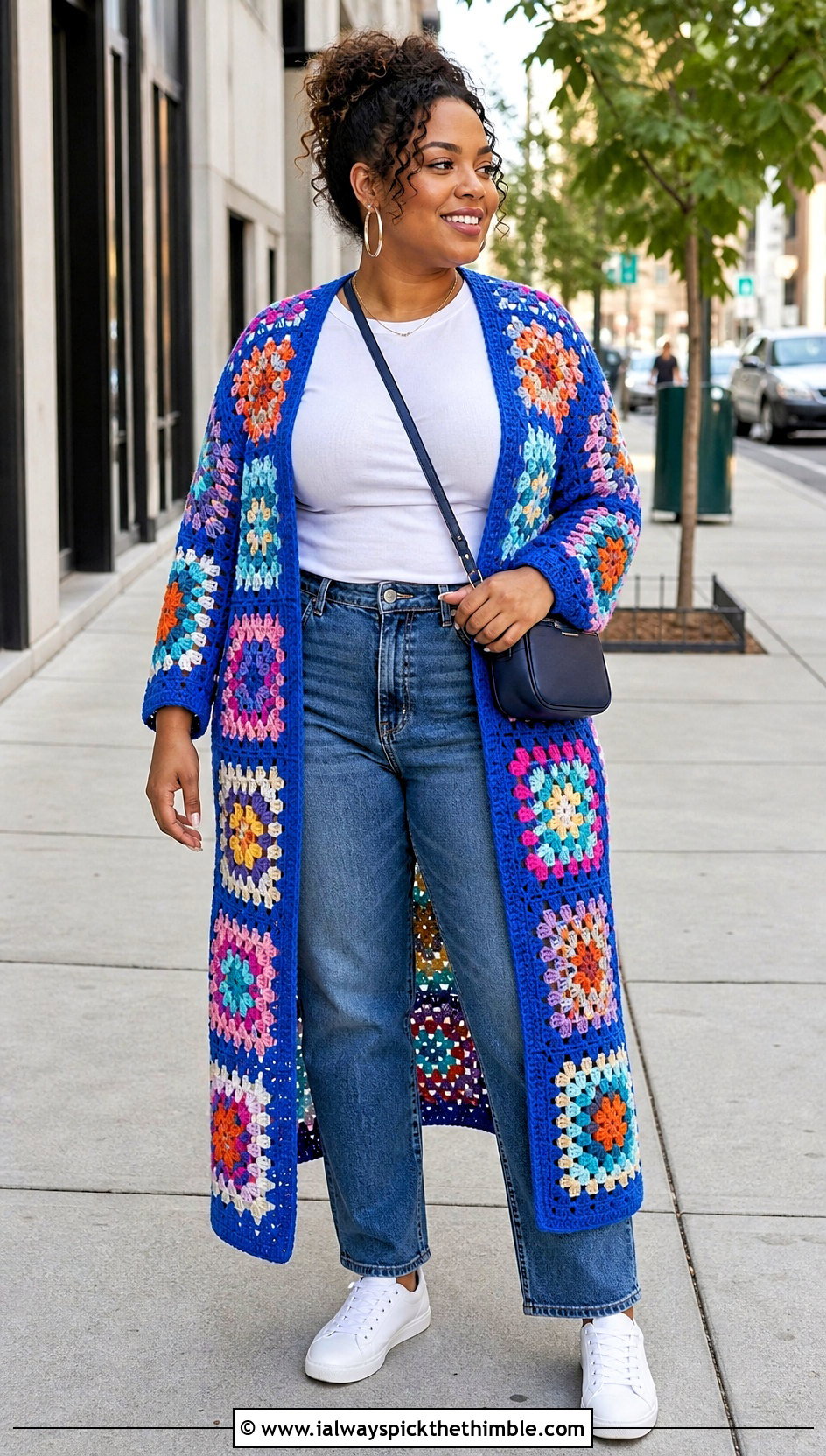 Granny Square Long Crochet Duster With Straight Leg Jeans - 20 Long Crochet Duster outfit ideas