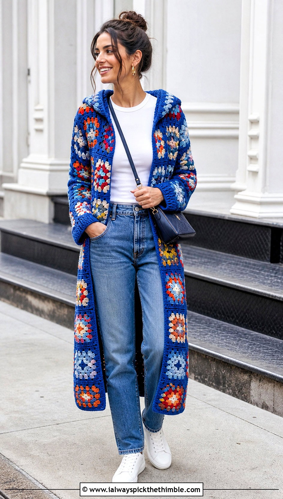 Granny Square Long Hooded Cardigan With Straight Jeans - 20 crochet long hooded cardigan outfit ideas