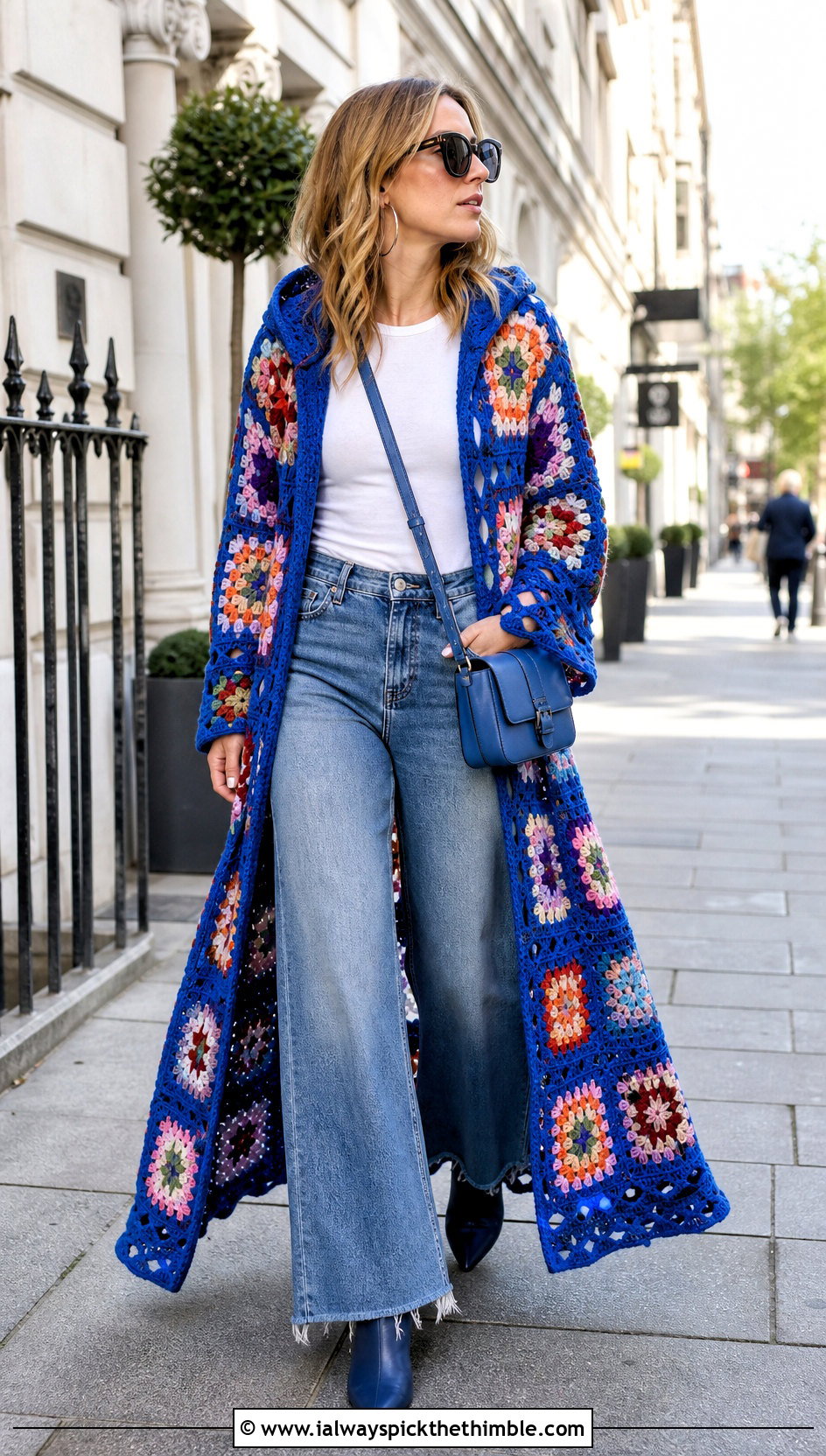Granny Square Long Hooded Crochet Cape With Wide Leg Jeans - 20 Long Hooded Crochet Cape outfit ideas