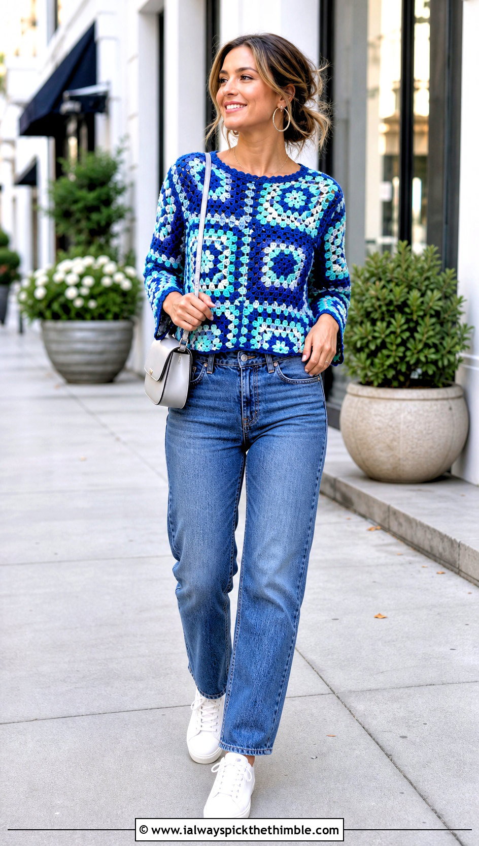 Granny Square Long Sleeve Crochet Blouse With Straight Leg Jeans - 15 Long Sleeve Crochet Blouse outfit ideas