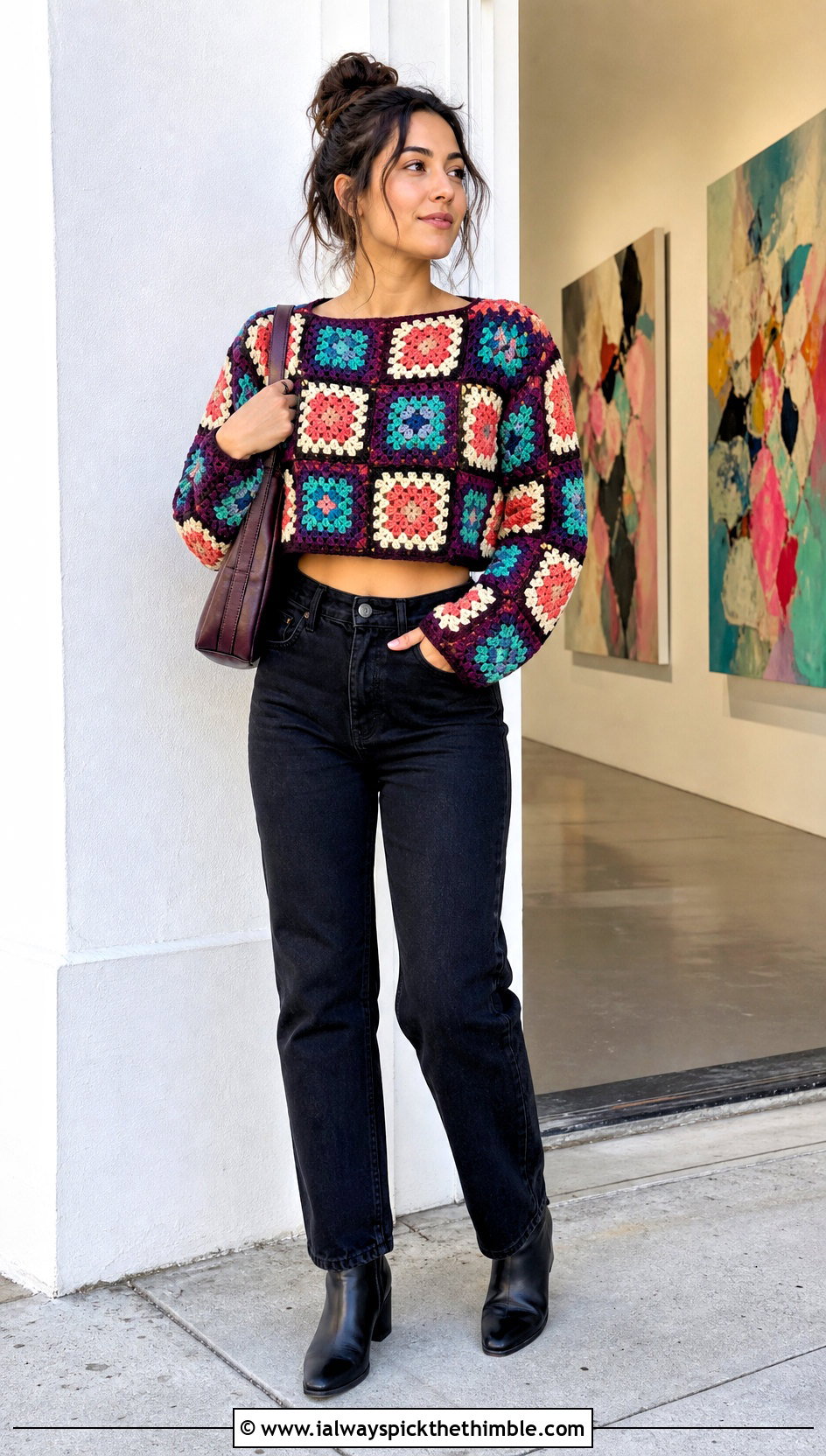 Granny Square Long Sleeve Crochet Crop Top With Black Jeans - 15 crochet crop top with sleeves outfit ideas
