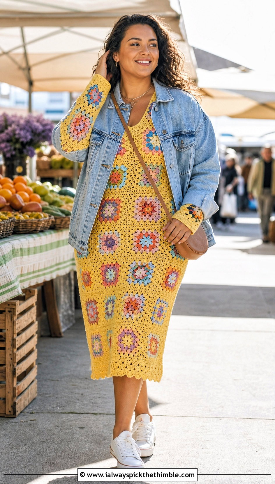 Granny Square Long Sleeve Crochet Midi Dress With Denim Jacket - 25 long sleeve crochet dress outfit ideas