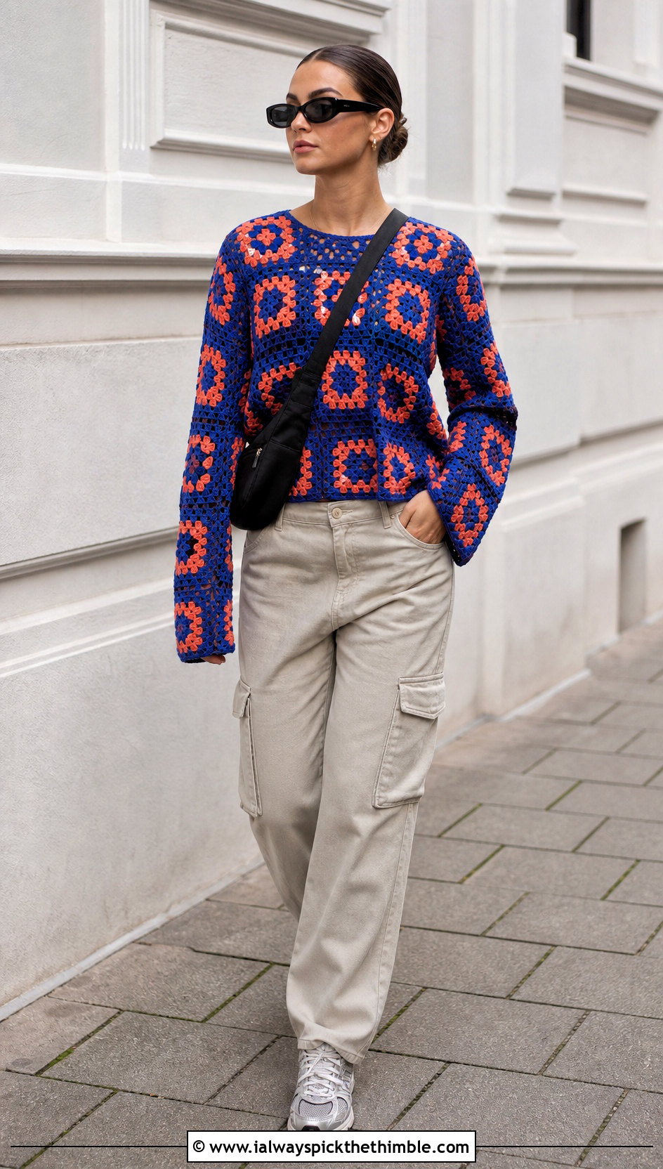 Granny Square Long Sleeve Crochet Top With Cargo Pants - 20 long sleeve crochet top outfit ideas