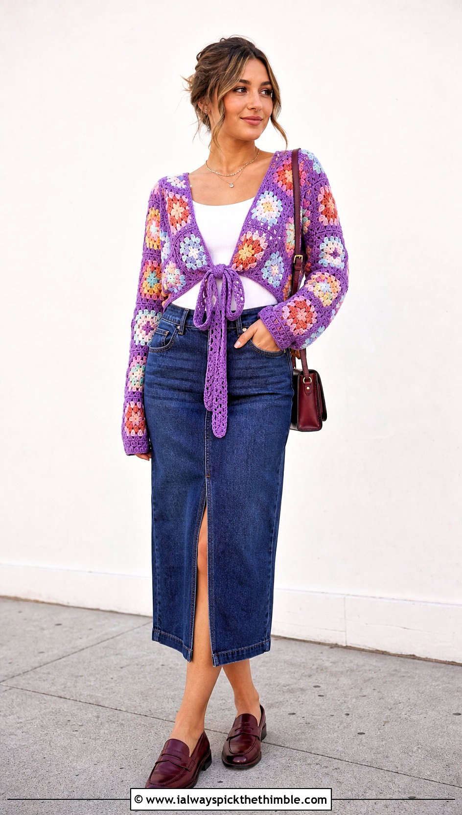 Granny Square Long Sleeve Tie Front Crochet Top With Denim Midi Skirt - 20 long sleeve tie front crochet top outfit ideas