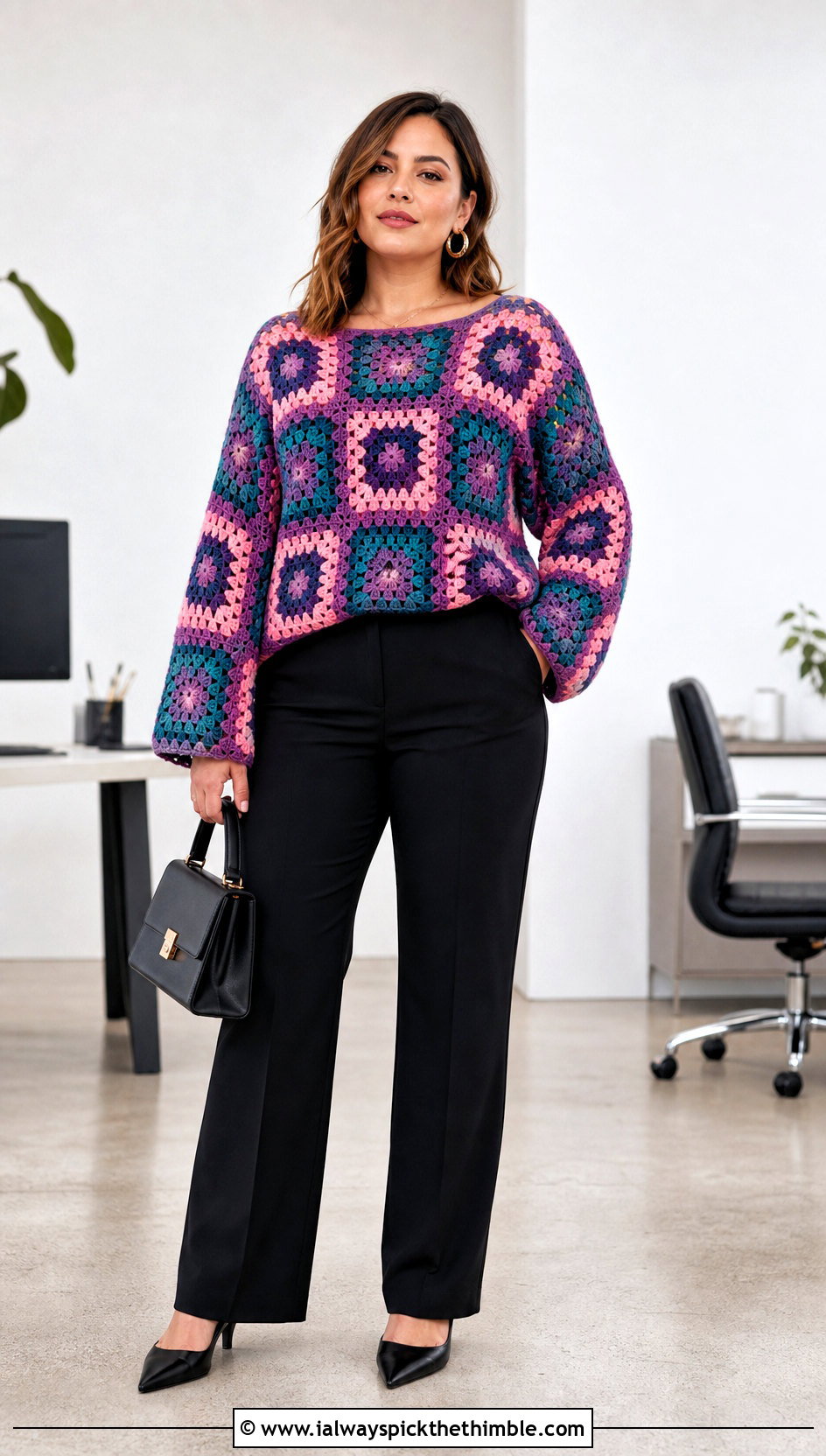 Granny Square Loose Crochet Sweater With Black Trousers - 20 loose crochet sweater outfit ideas