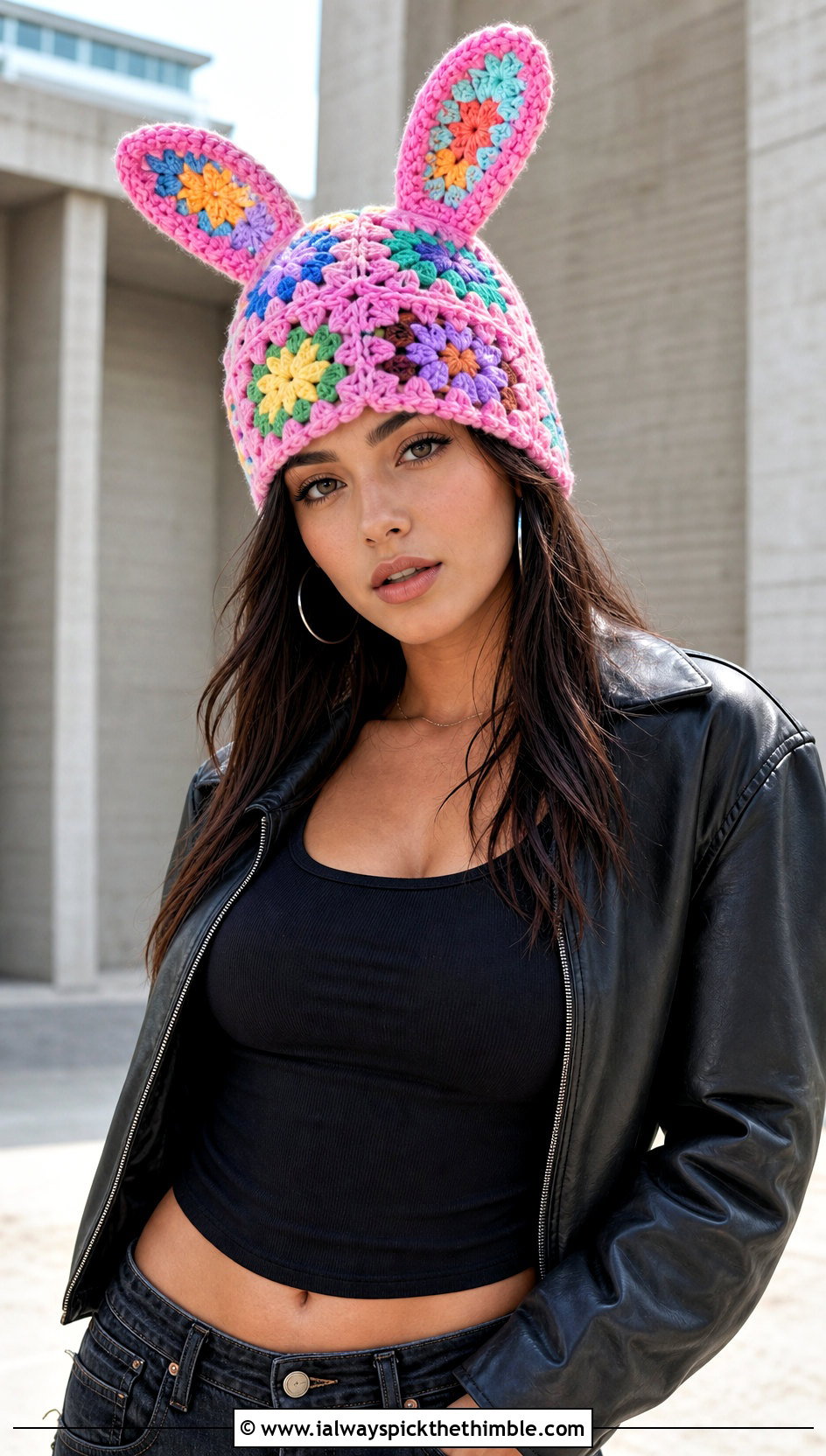 Granny Square Louise Crochet Hat With Leather Jacket - 20 Louise Crochet Hat outfit ideas