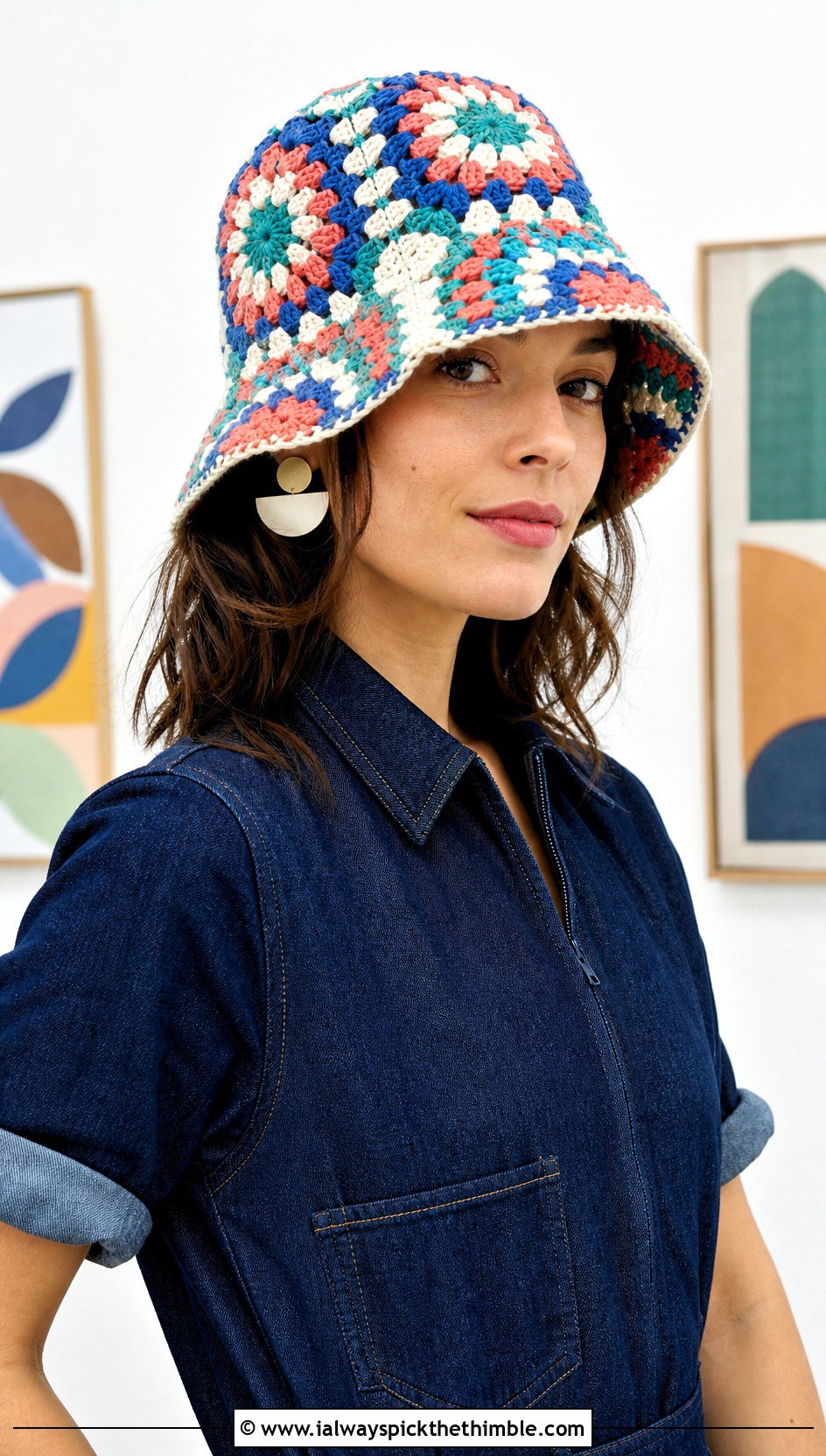 Granny Square Magic Circle Crochet Bucket Hat With Denim Jumpsuit - 20 Magic Circle Crochet Hat outfit ideas