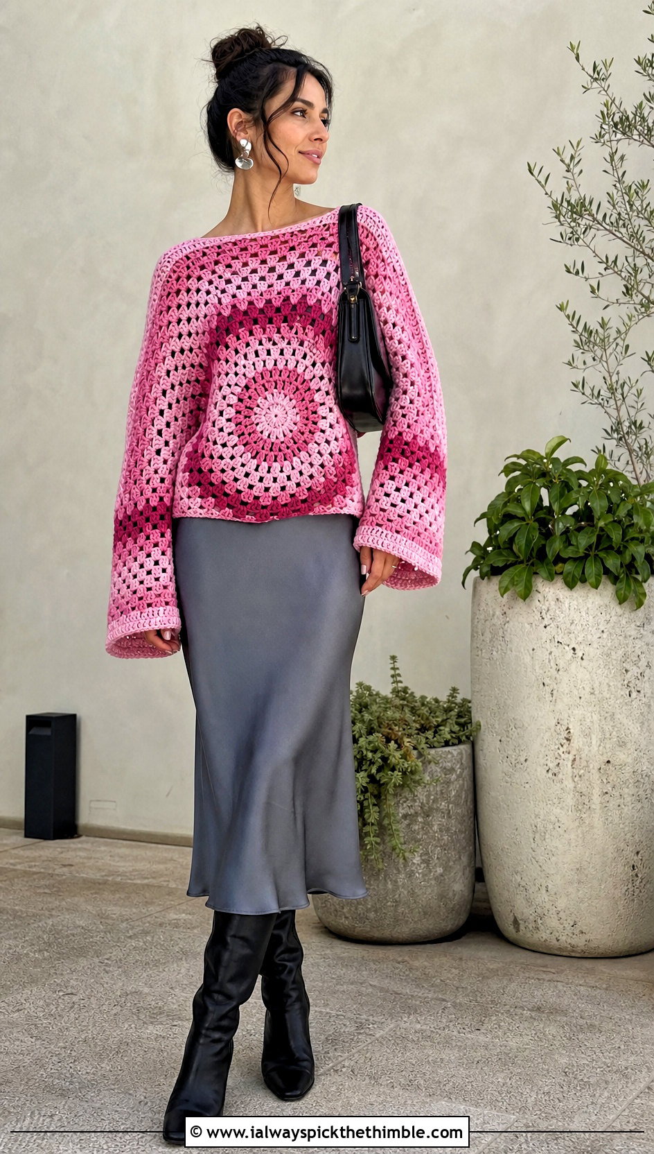 Granny Square Mandala Ombre Crochet Sweater With Slip Dress - 15 mandala ombre crochet sweater outfit ideas
