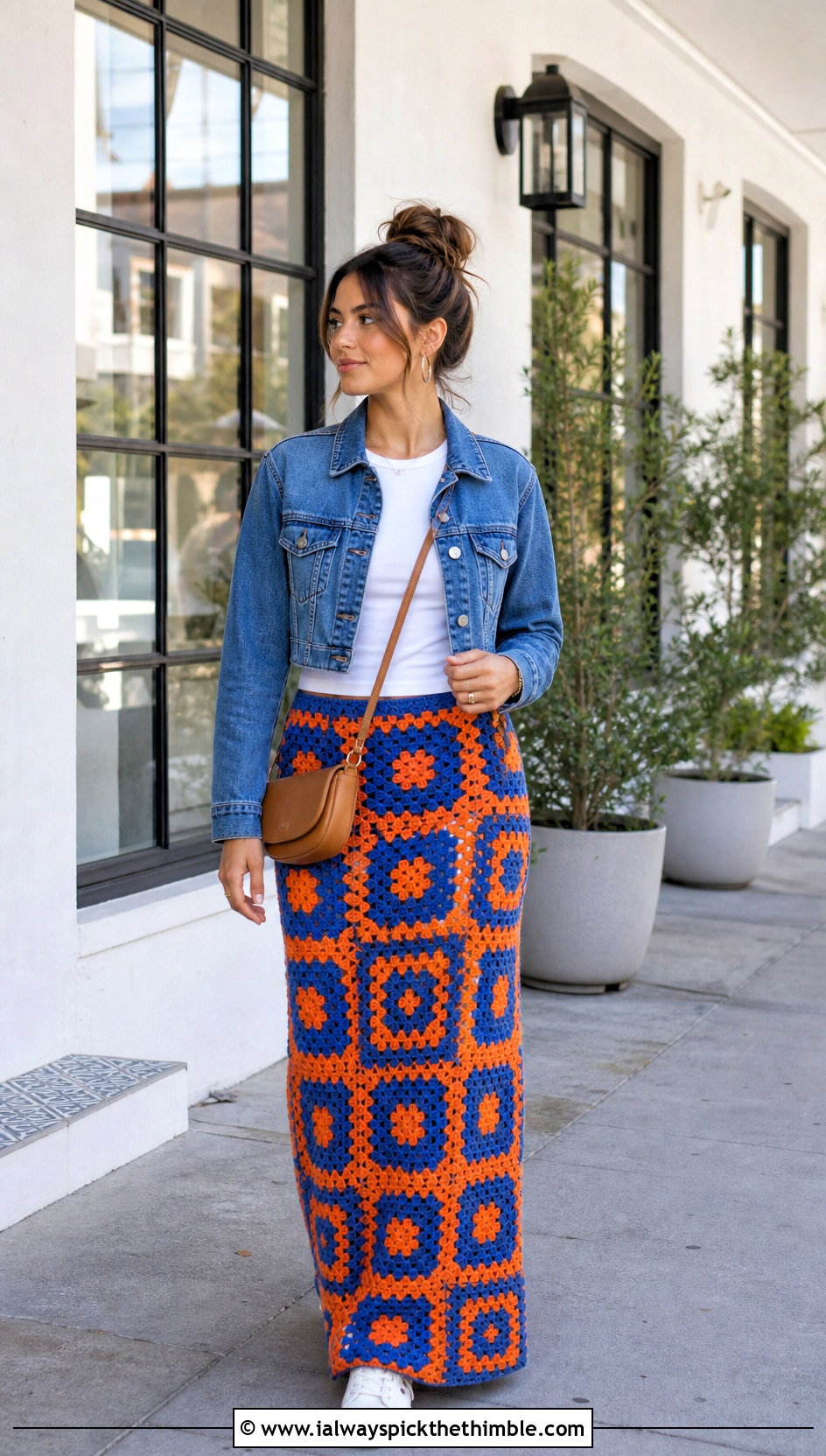 Granny Square Maxi Crochet Skirt With White T Shirt And Sneakers - 20 Simple Crochet Skirt outfit ideas