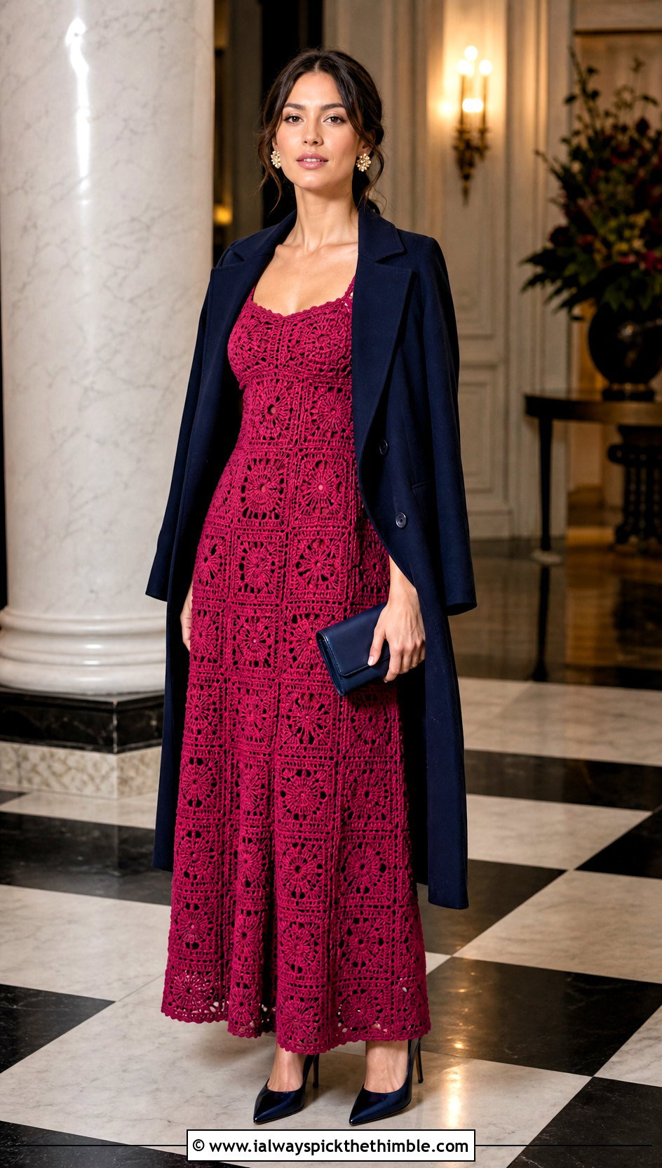 Granny Square Maxi Dress With Tailored Coat - 20 Crochet Clothes With Granny Squares outfit ideas