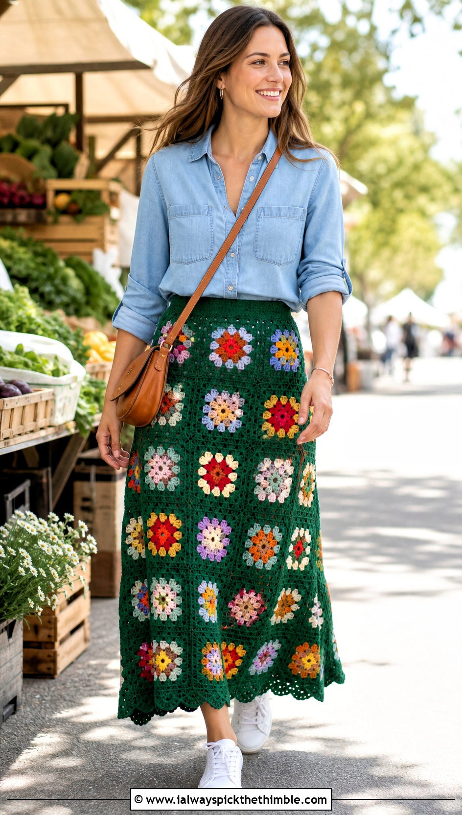 Granny Square Maxi Skirt With Denim Shirt - 25 Granny Square Clothing Ideas