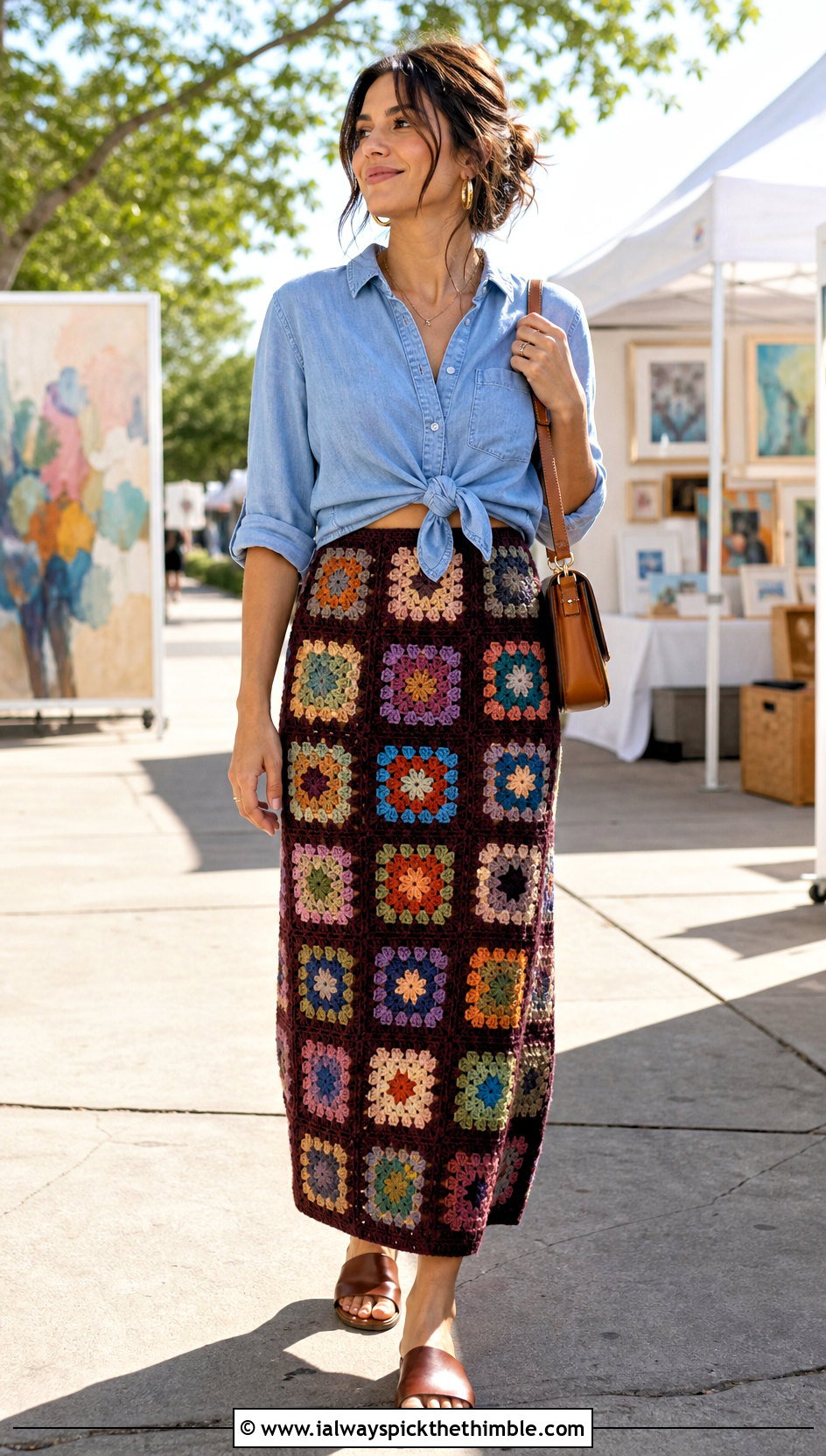 Granny Square Maxi Skirt With Denim Shirt - 20 Crochet Clothes With Granny Squares outfit ideas