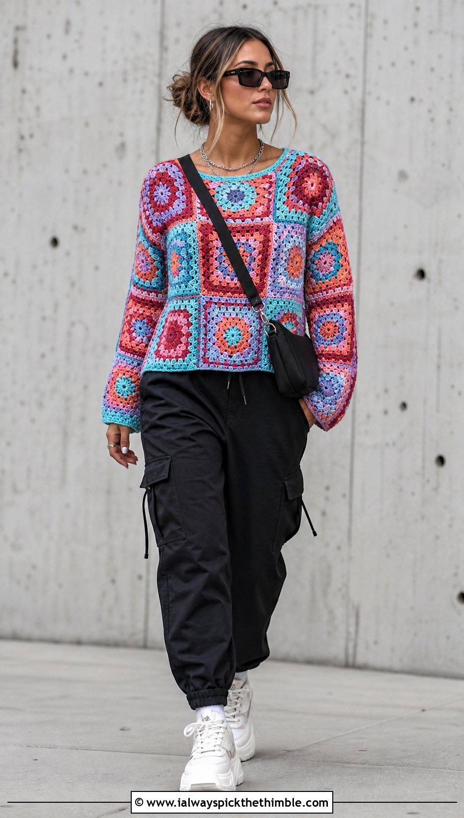 Granny Square Mcdreamy Crochet Sweater With Black Cargo Pants - 15 Mcdreamy Crochet Sweater outfit ideas