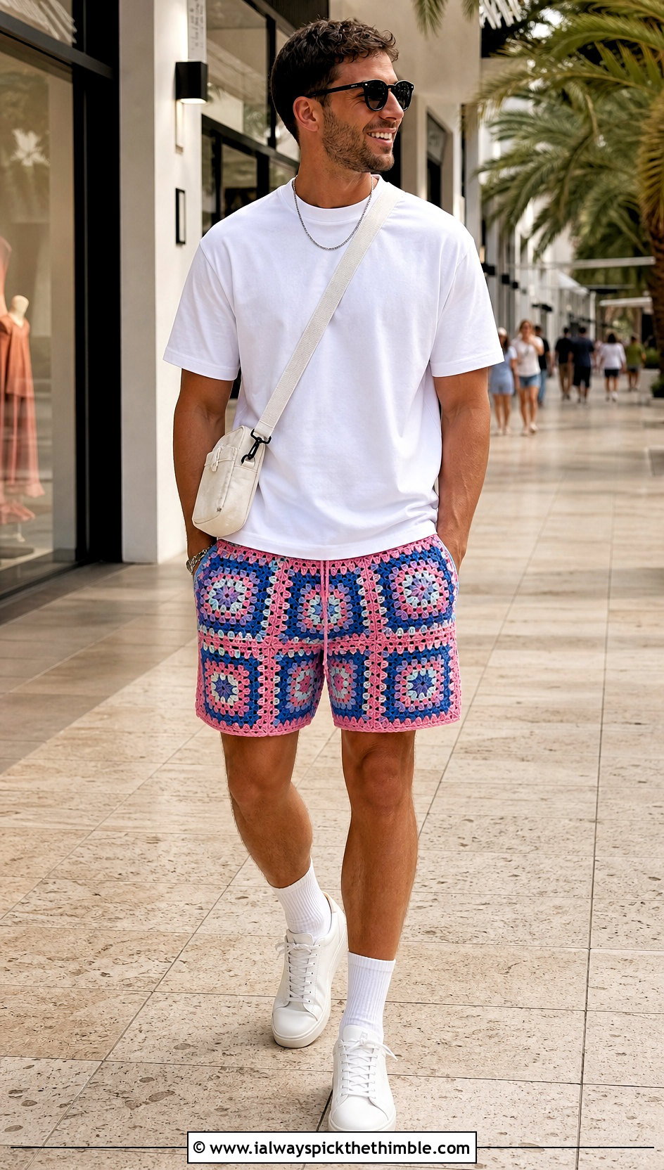 Granny Square Mens Crochet Shorts With White T Shirt - 25 Crochet Mens Shorts outfit ideas