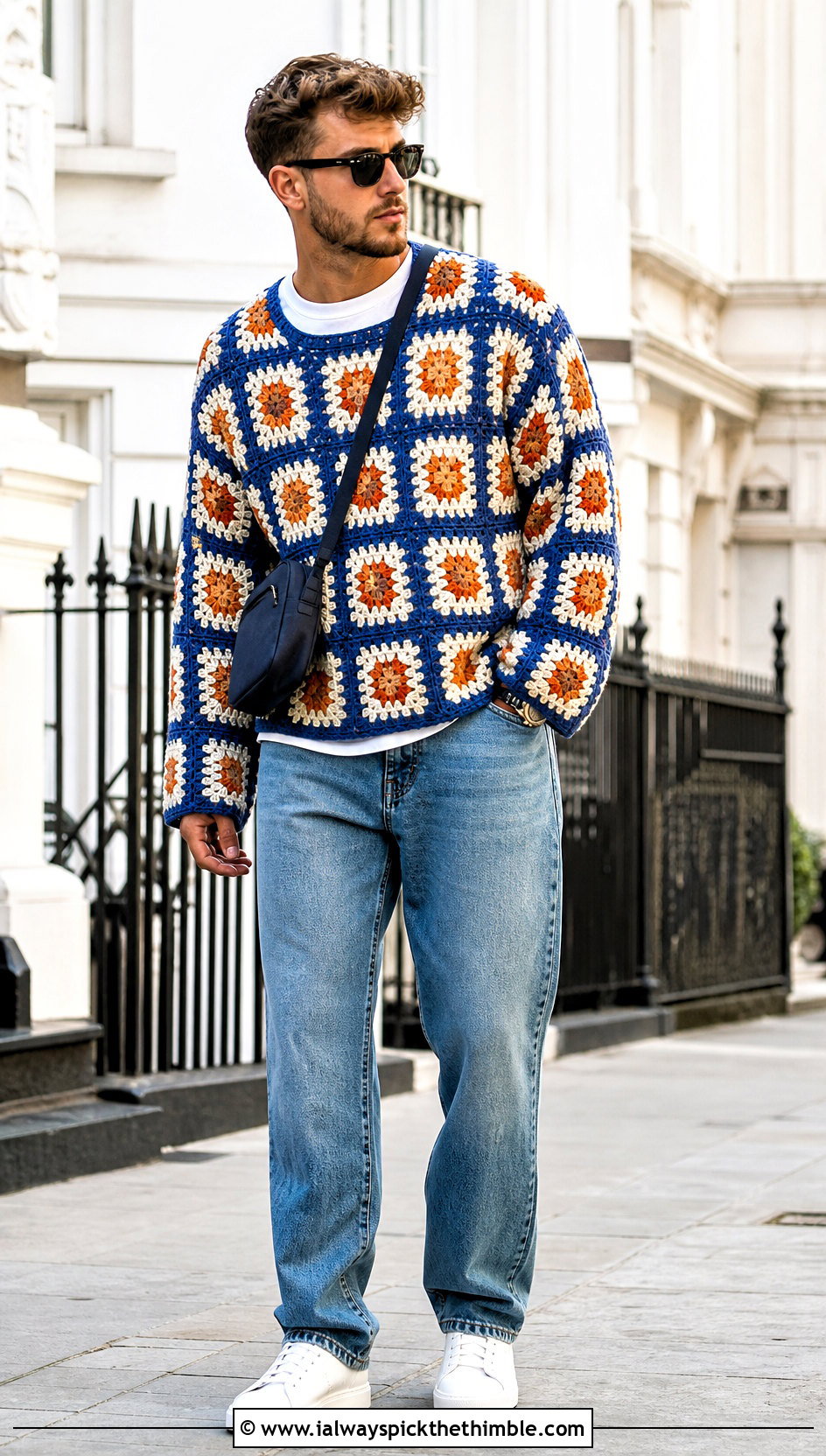 Granny Square Mens Crochet Sweater With Straight Jeans - 25 mens crochet sweater outfit ideas