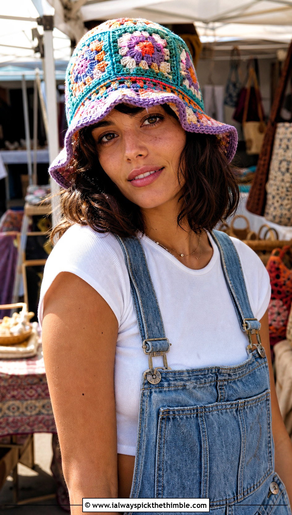 Granny Square Mesh Bucket Hat With Denim Overalls - 20 crochet net hat outfit ideas