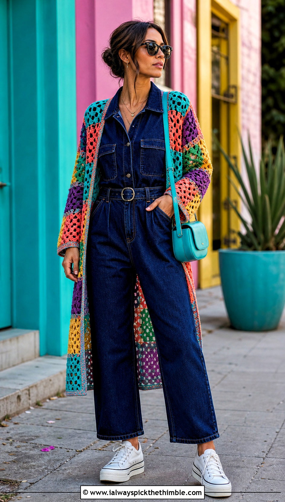 Granny Square Mesh Crochet Cardigan With Denim Jumpsuit - 25 crochet mesh cardigan outfit ideas