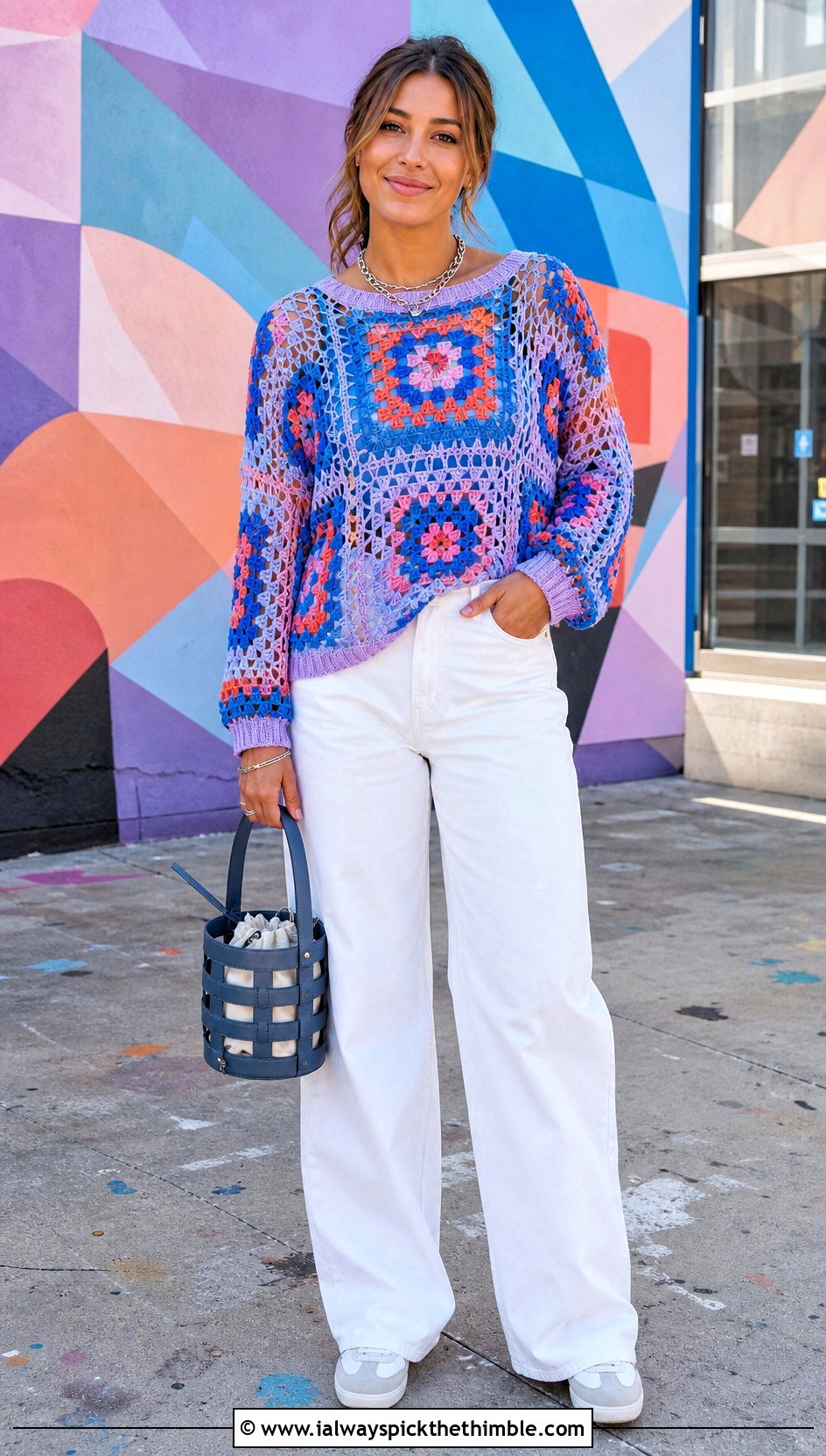 Granny Square Mesh Crochet Net Sweater With White Jeans - 25 crochet net sweater outfit ideas