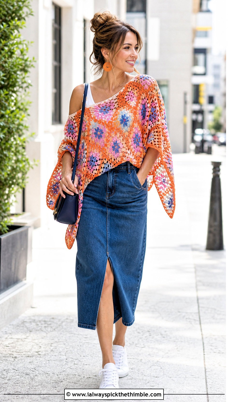 Granny Square Mesh Crochet Poncho With Denim Midi Skirt - 20 Mesh Crochet Poncho outfit ideas