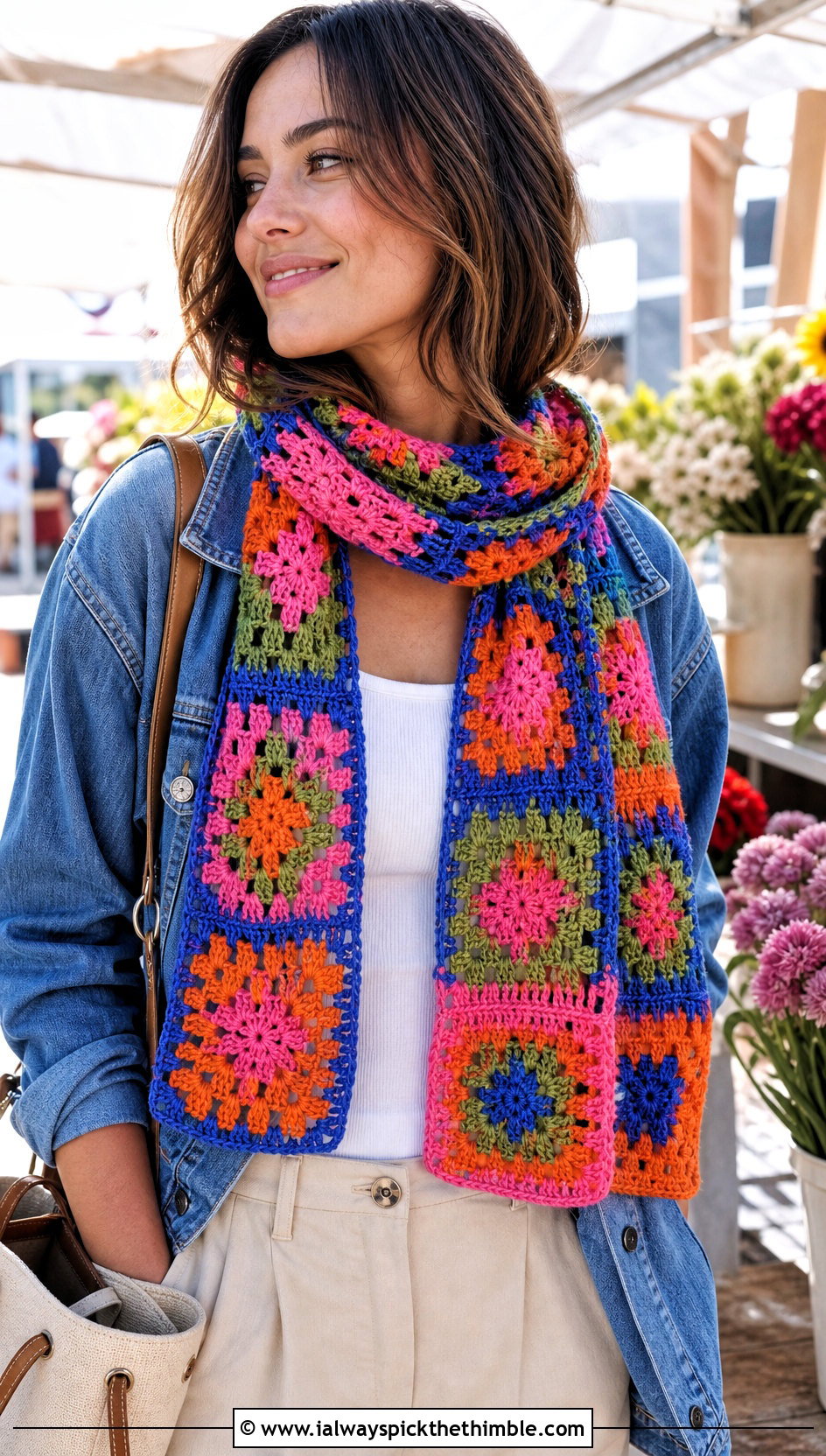 Granny Square Mesh Crochet Scarf With Denim Jacket - 20 Mesh Crochet Scarf outfit ideas