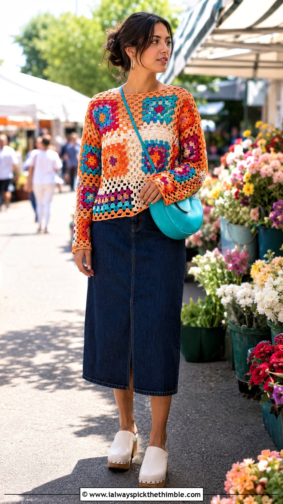 Granny Square Mesh Crochet Sweater With Denim Midi Skirt - 20 mesh crochet sweater outfit ideas
